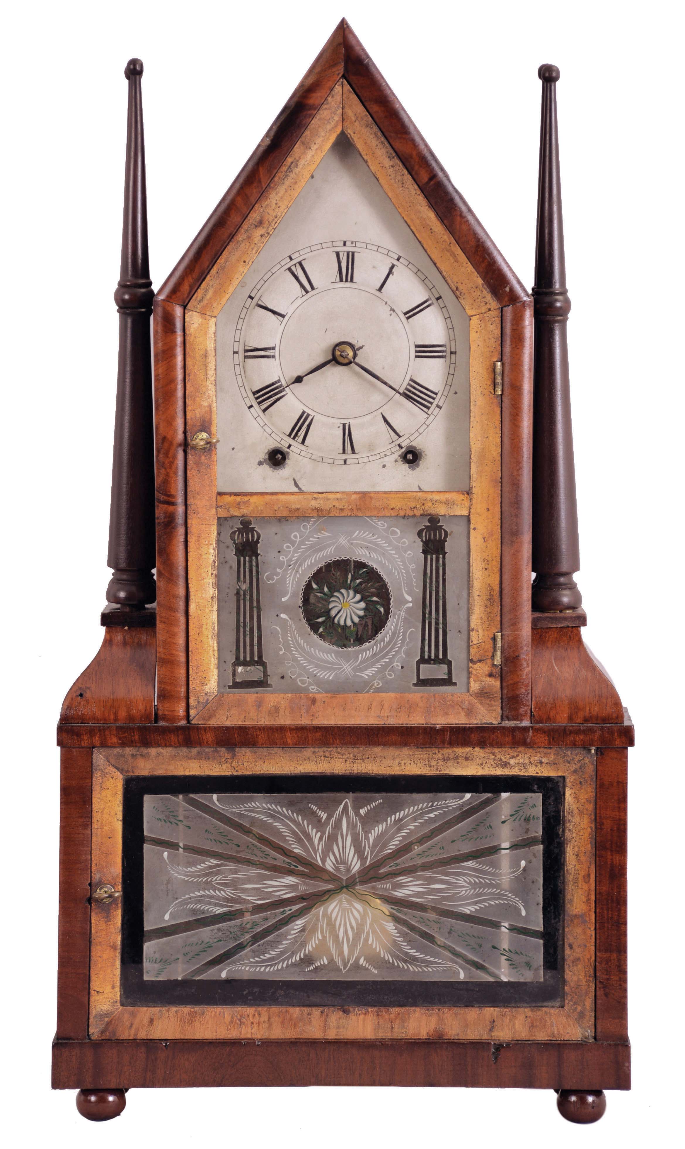 Birge &amp; Fuller, Bristol, Conn., steeple on frame with candle finials or double steeple shelf clock, 8 day, time and strike brass wagon spring movement — Antique Clocks Price Guide