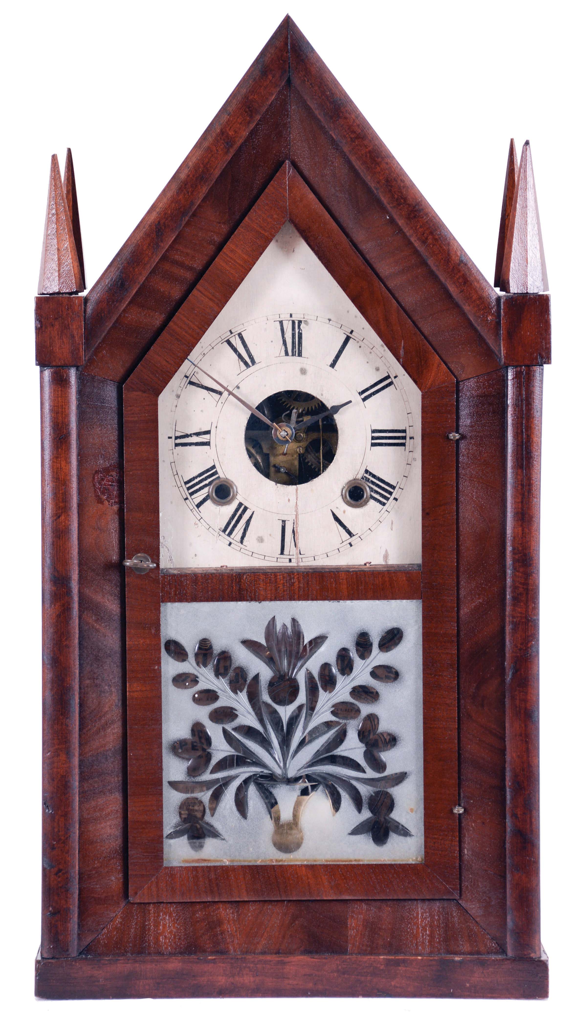 Sperry &amp; Shaw, New York, New York, 30 hour, time and strike spring fusee bevel front Sharp Gothic or steeple clock, c1850 — Antique Clocks Price Guide