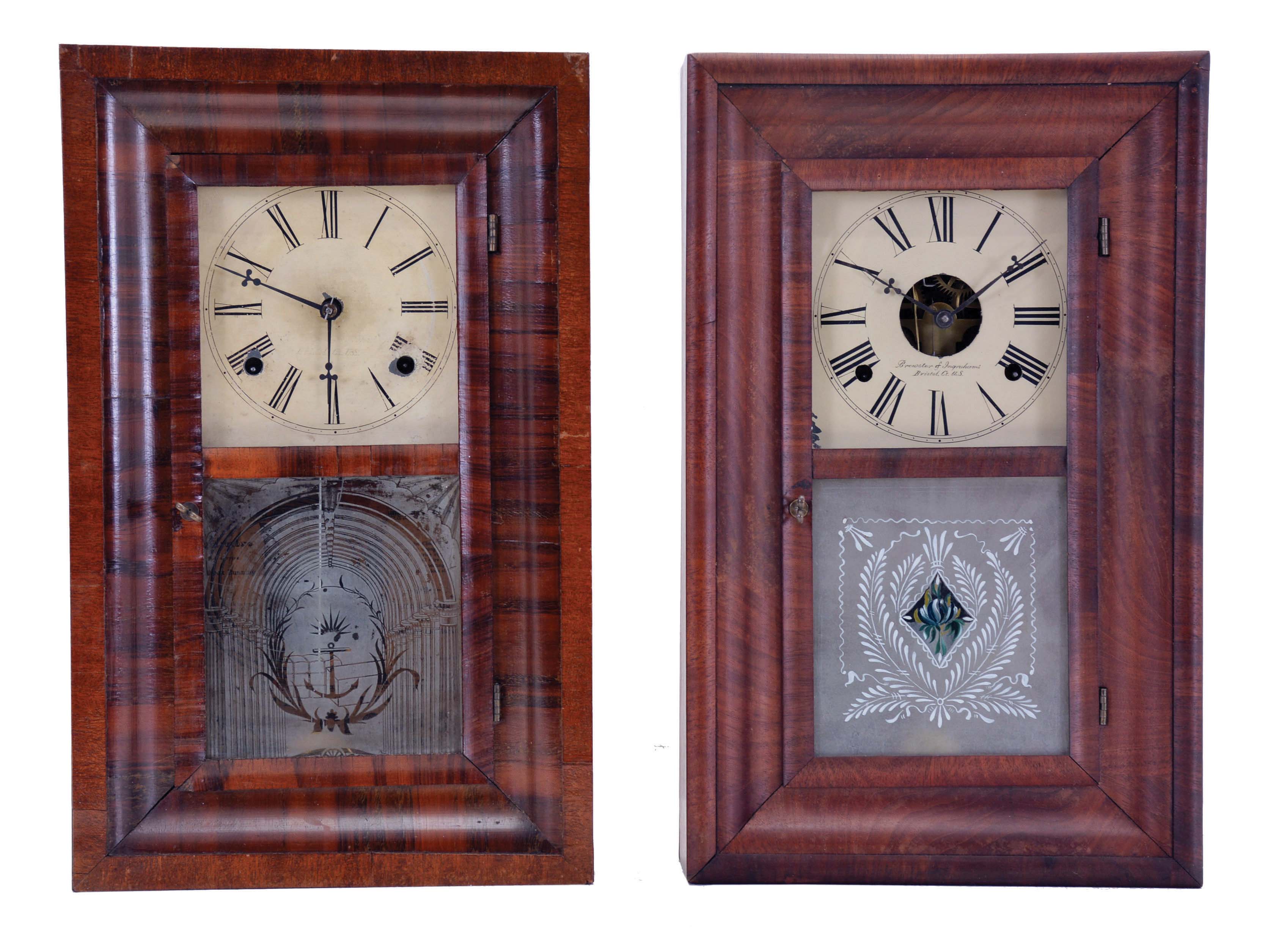 Clocks- 2 (Two): (1) Brewster &amp; Ingrahams, Bristol, Conn., miniature OG shelf clock with spring driven 30 hour time and strike movement in a mahogany veneered case, c1850; (2) Brewster &amp; Ingrahams, Bristol, Conn., miniature OOG shelf clock with a spring (brass) driven 30 hour time and strike movement in a mahogany veneered case, c1848. — Antique Clocks Price Guide