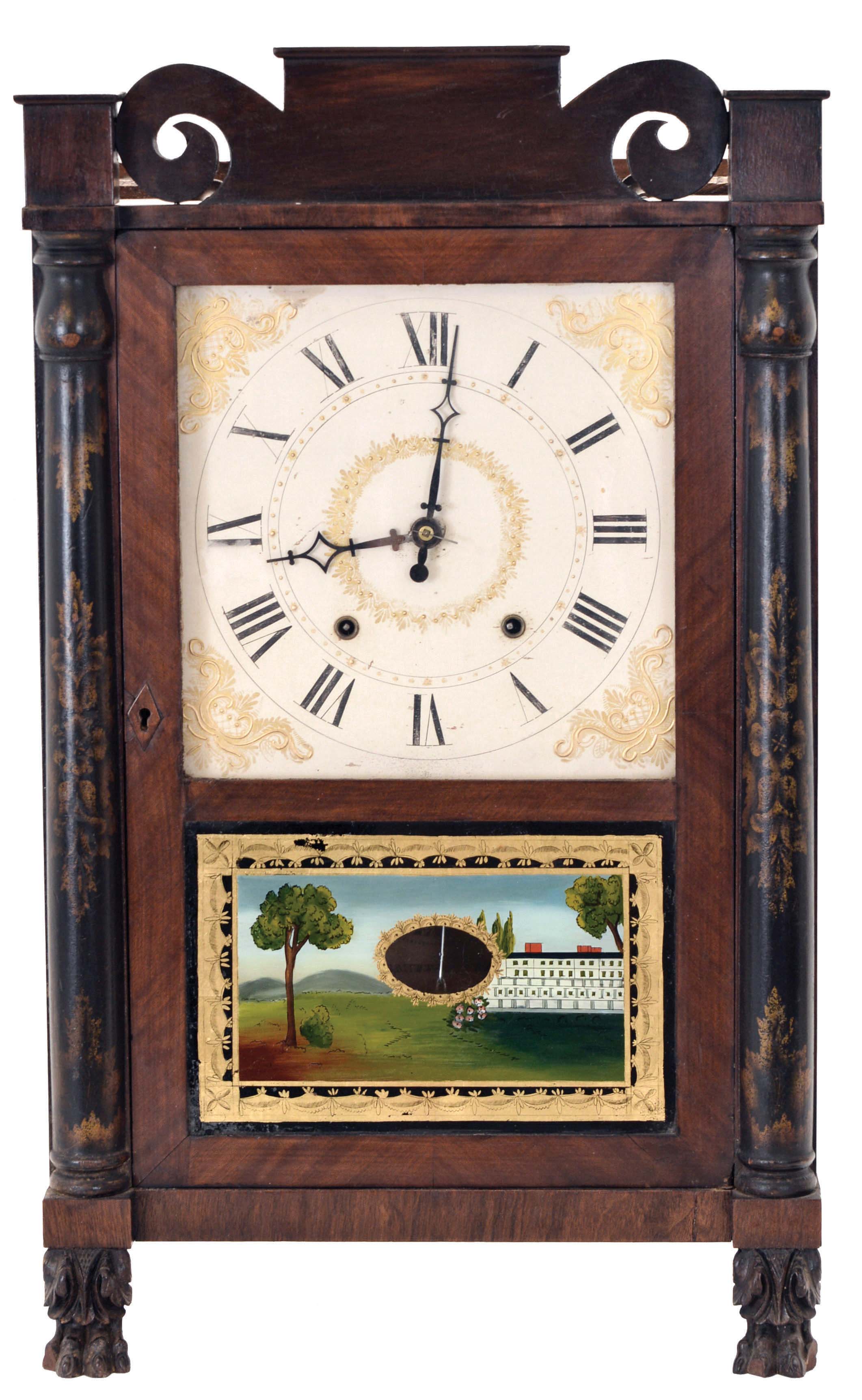 Ephraim Downs for George Mitchell, Bristol, Conn., 30 hour, time and strike weight wood movement half column &amp; splat shelf clock. — Antique Clocks Price Guide