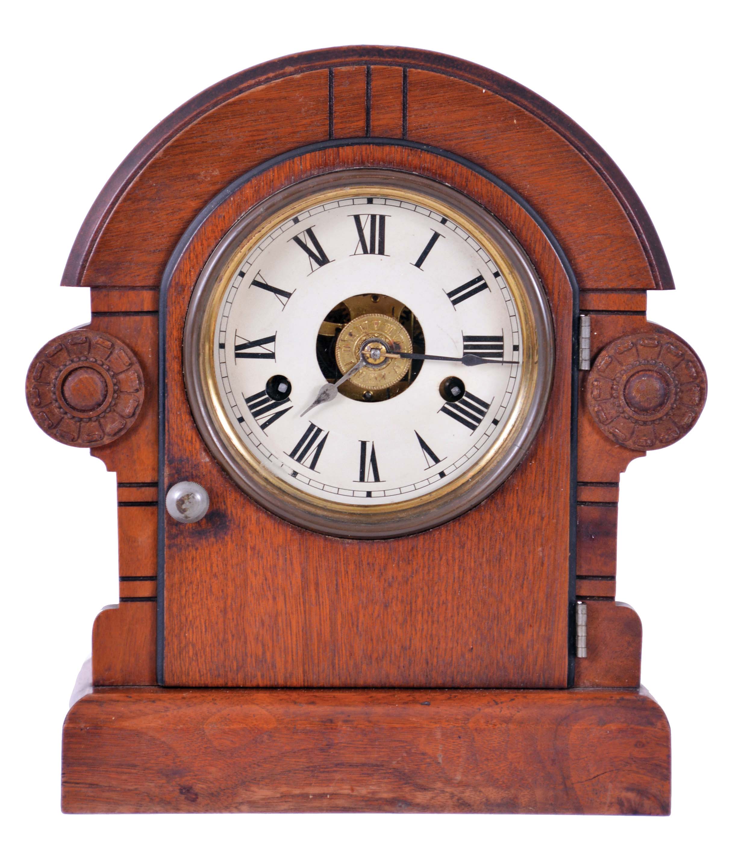 Seth Thomas Clock Co., Thomaston, Conn. with a spring driven 30 hour time, strike and alarm movement shelf clock in a mahogany veneered case. — Antique Clocks Price Guide