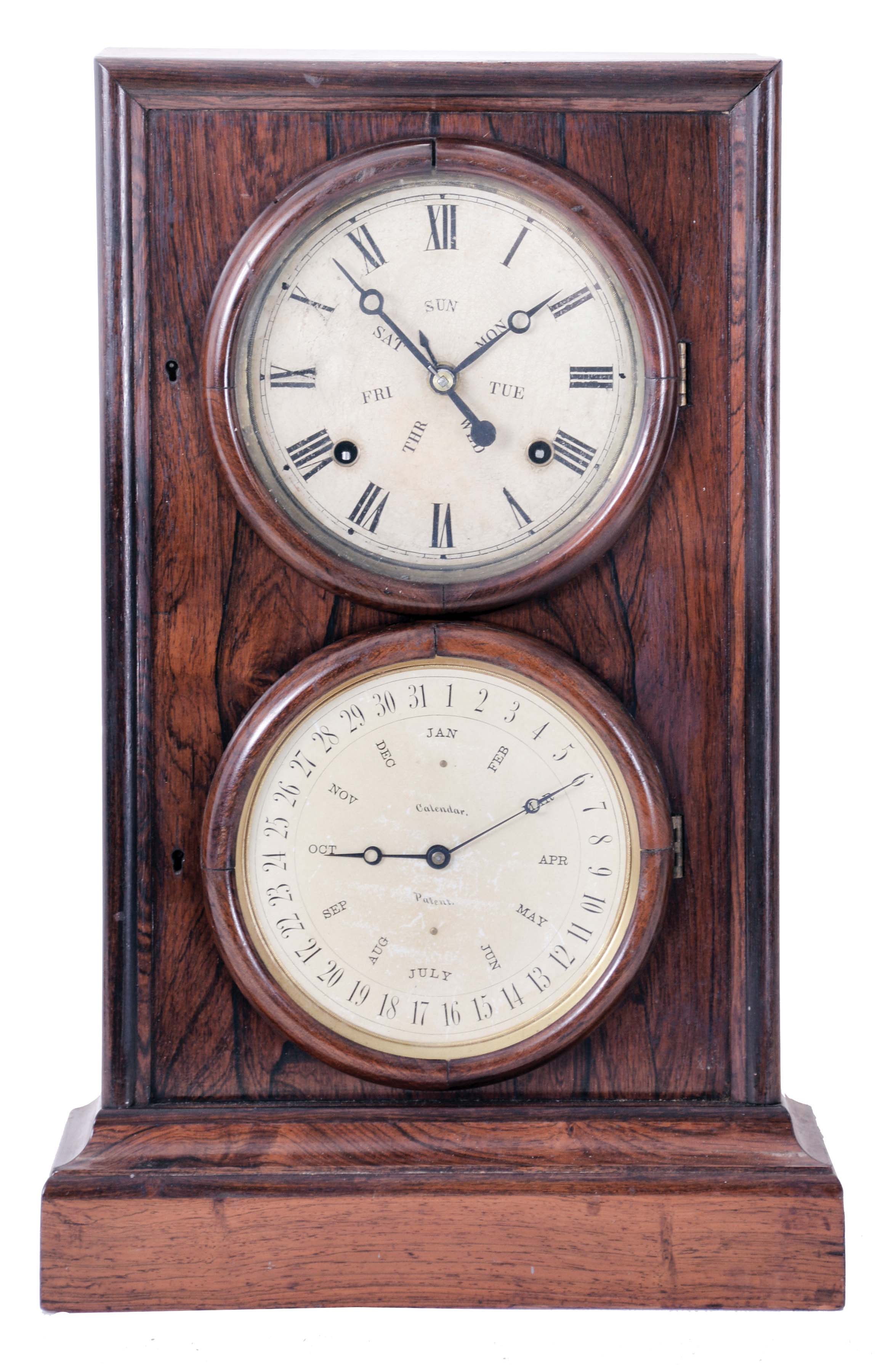 L. F. &amp; W. W. Carter, Bristol, Conn. double dial shelf clock with a spring driven, 8 day, time and strike movement with B. B. Lewis perpetual calendar mechanism in a rosewood veneered case. — Antique Clocks Price Guide