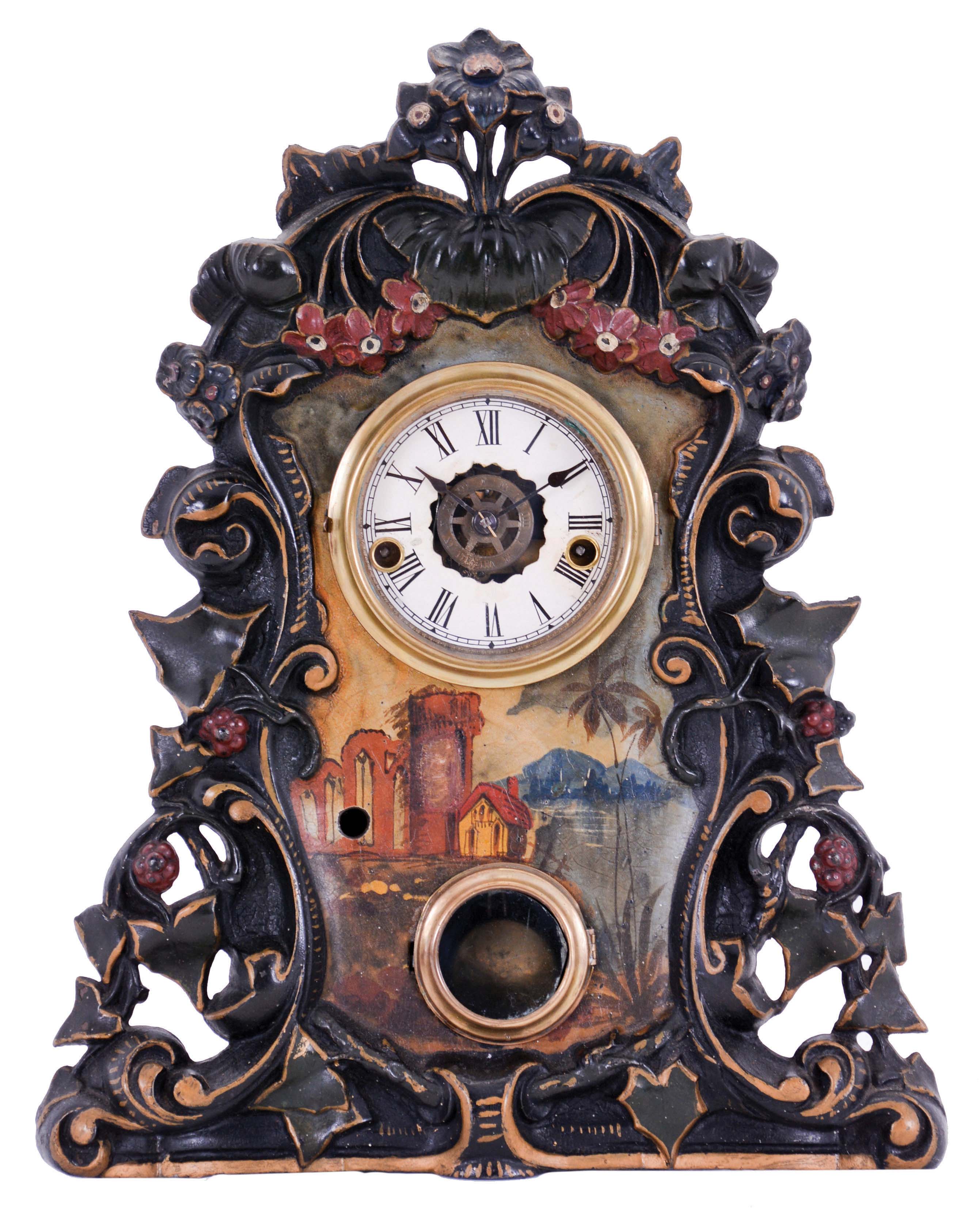 Waterbury Clock Co., Waterbury, Conn., 30 hour, time, strike and alarm spring driven movement iron front shelf clock. — Antique Clocks Price Guide