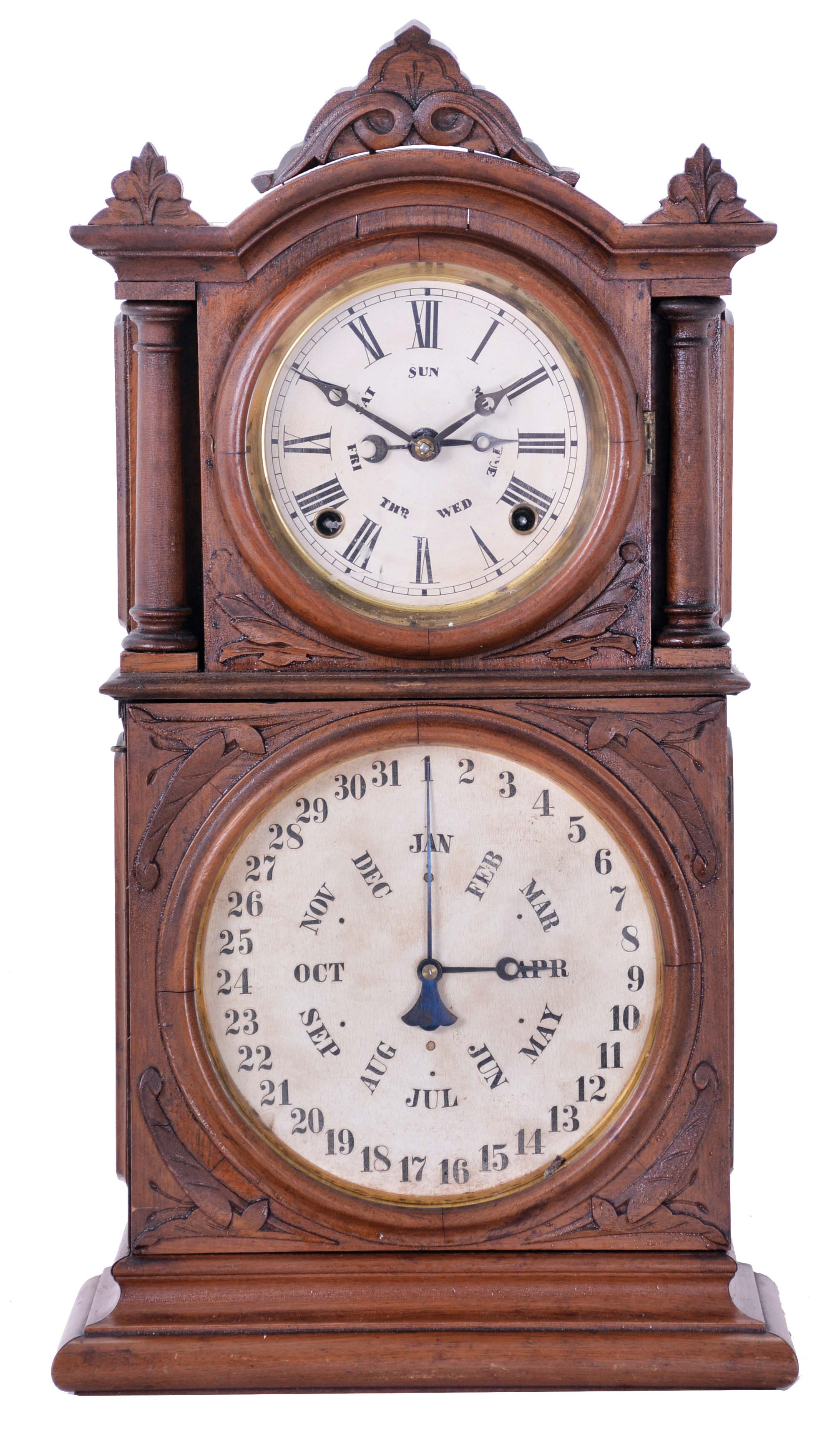 E. Ingraham &amp; Co., Bristol, Conn., "Ingraham Calendar" double dial shelf clock with a spring driven, 8 day, time and strike movement with a B. B. Lewis patent calendar mechanism in a walnut case. — Antique Clocks Price Guide
