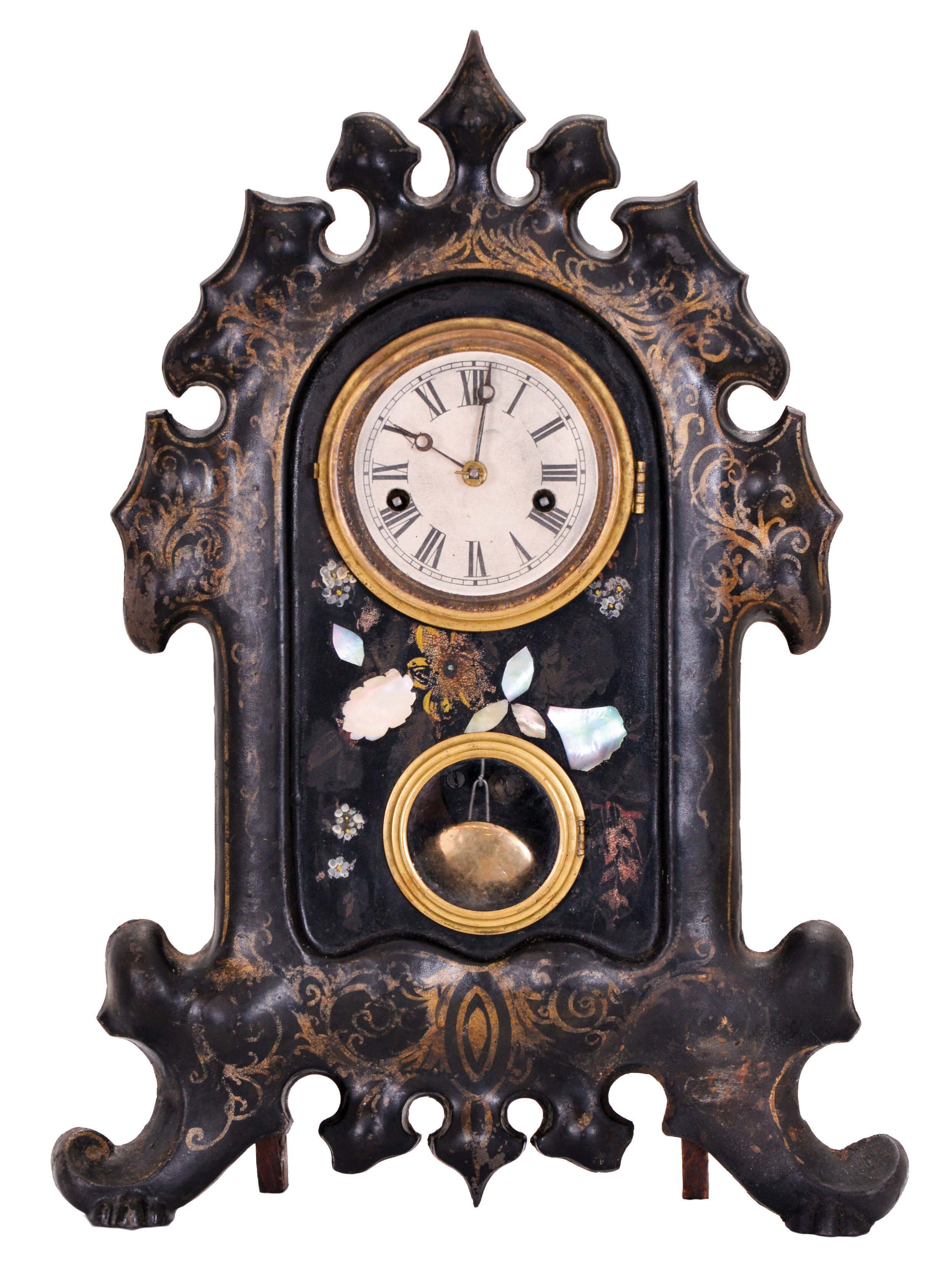 United States Clock Company, New York, New York, 30 hour, time and strike spring driven movement iron front shelf clock. — Antique Clocks Price Guide