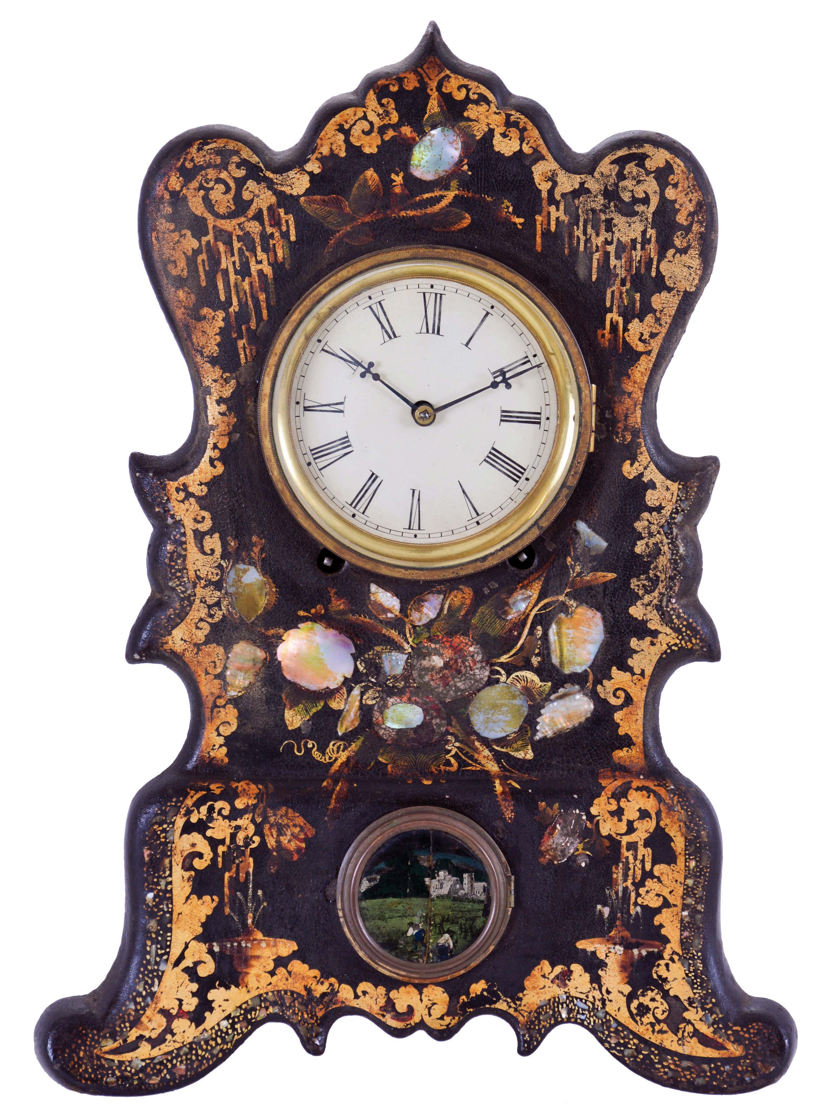 American, perhaps American Clock Co., New York, NY. 8 day, time and strike spring driven movement iron front with MOP mantel clock. Movement not signed. — Antique Clocks Price Guide
