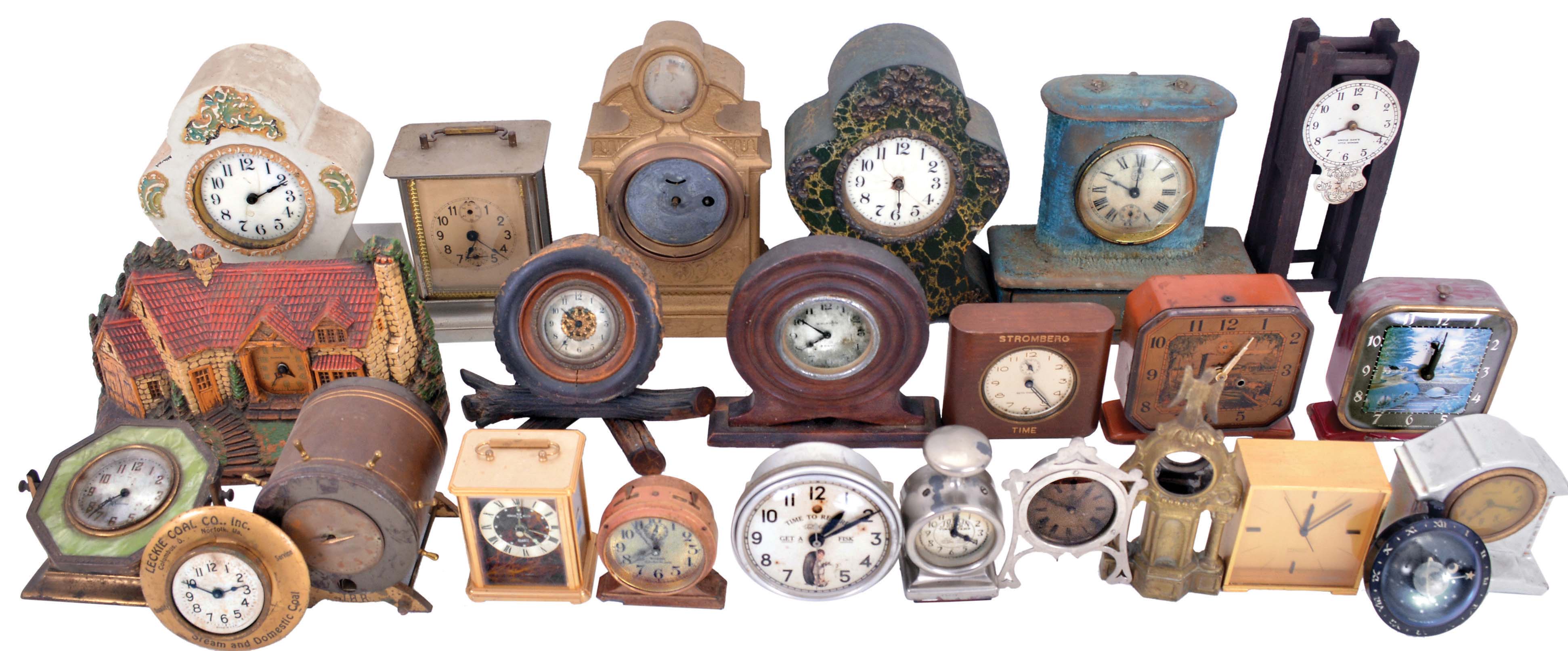 Clocks- 50+ (Fifty plus) Novelty Clocks and Clock-related Sundries: Makers include: Lux, Telechron, Kroeber, Sessions, Howard Miller, Gruen, Deluxe, Waltham, Seth Thomas, Ansonia, Schatz, United, and many others. Sundry items include ashtrays, cologne bottles, salt &amp; pepper shakers, mugs, shot glasses, statuettes, trivets, lamps, spoon holders, match holders, paperweights, and bookends. — Antique Clocks Price Guide