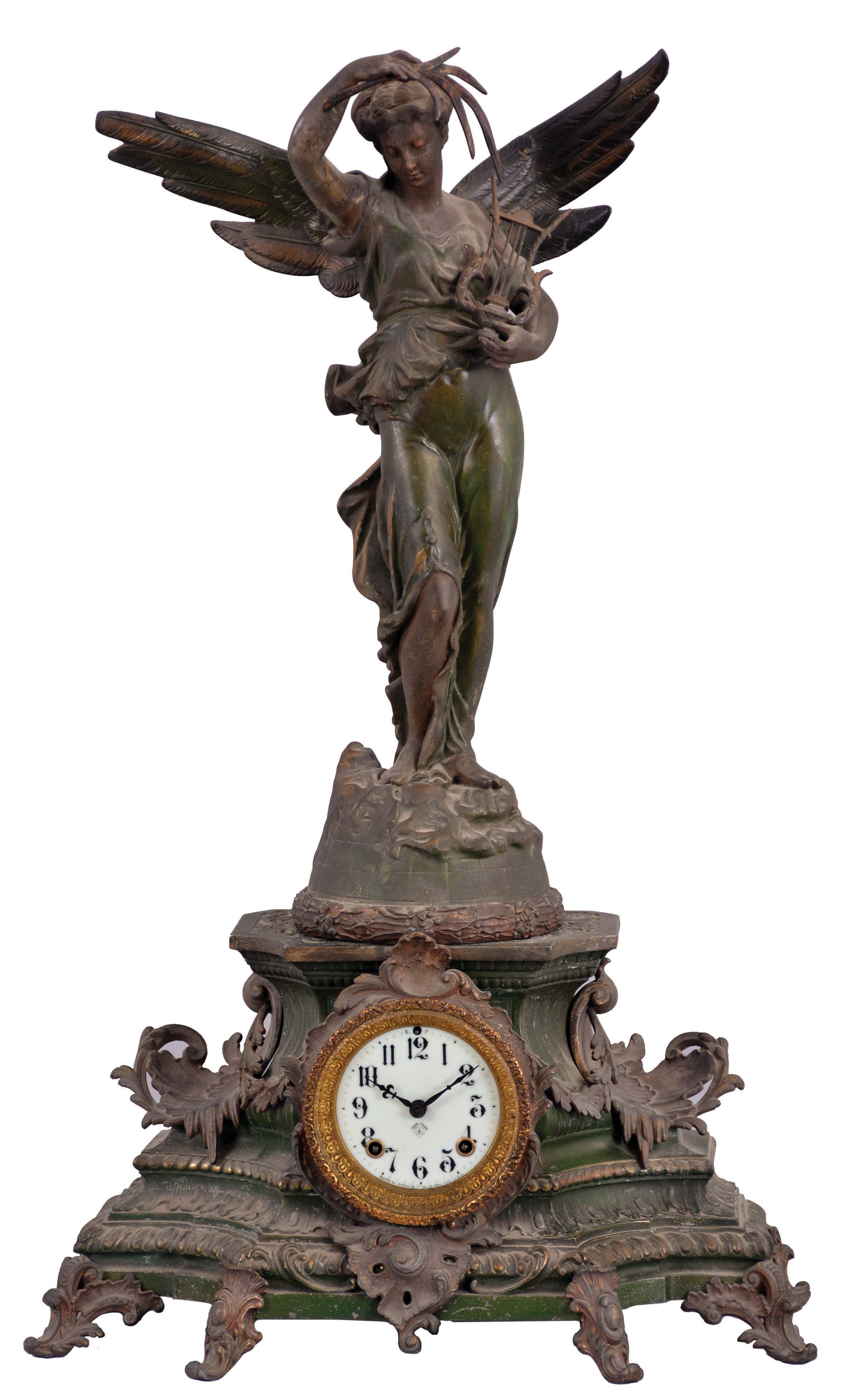 Ansonia Clock Co., New York, NY, "Undine and Gloria" figural mantel shelf clock with a spring driven, 8 day time and half hour strike movement in a cast metal case. — Antique Clocks Price Guide