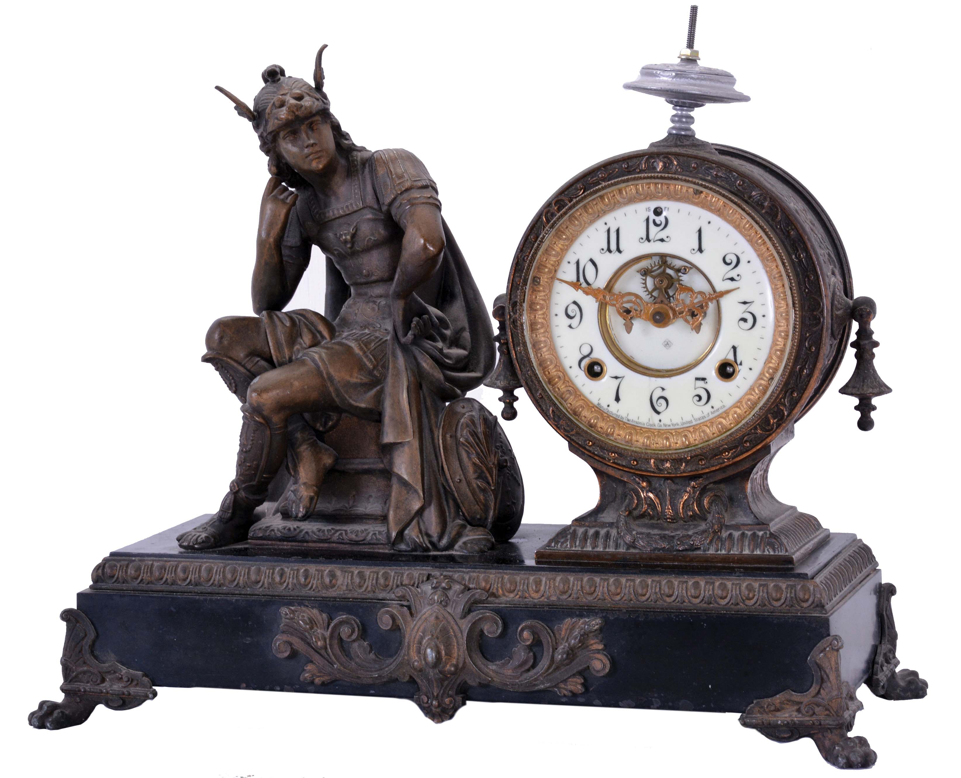 Ansonia Clock Co., New York, NY, "Mercury" figure shelf clock with a spring driven, 8 day time and half hour strike movement in a japanese bronzed metal case. — Antique Clocks Price Guide