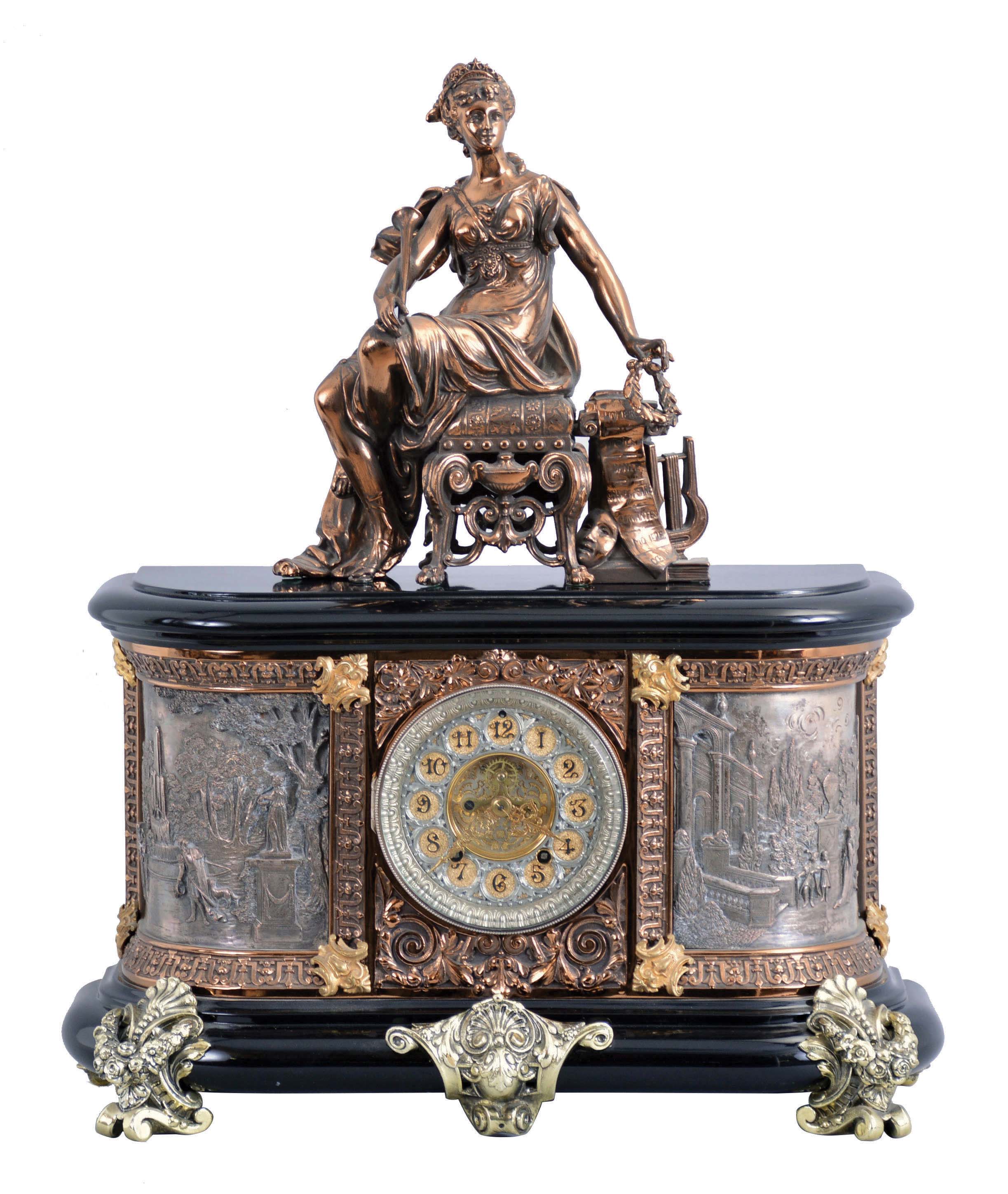 Ansonia Clock Co., New York, NY, "Virginia and Group No. 1022 Opera", 8 day, time and strike spring driven movement mantel clock. — Antique Clocks Price Guide