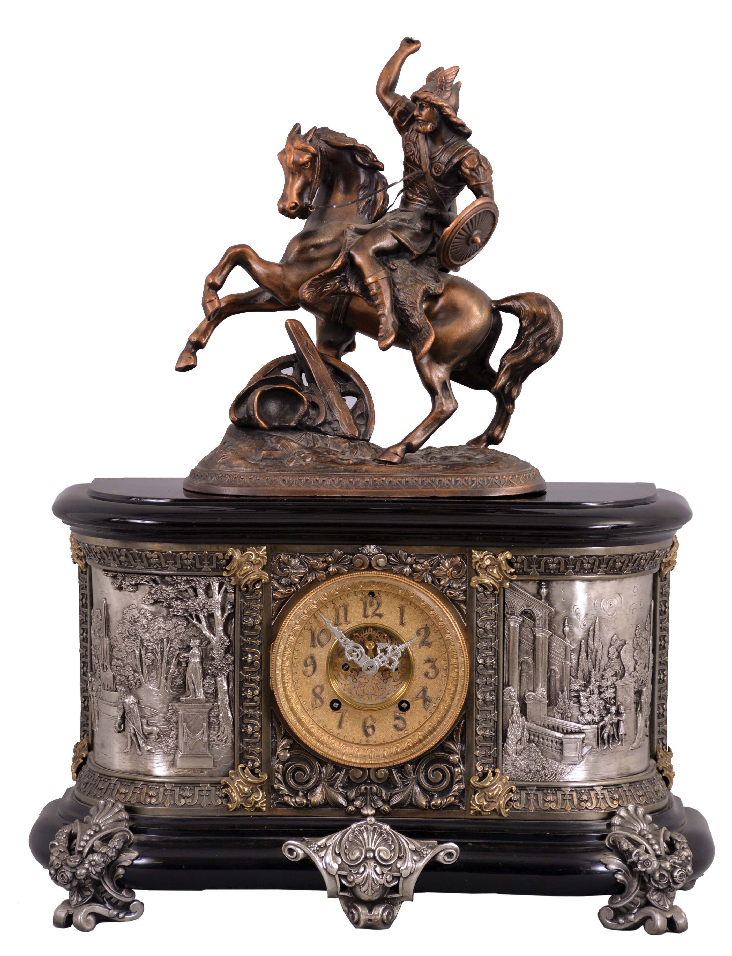 Ansonia Clock Co., New York, NY, "Dagobert" figural top ornament with a "Virginia" base shelf clock with a spring driven, 8 day, time and strike, (rack and snail) movement with visible escapement in a cast metal and enameled iron case. — Antique Clocks Price Guide
