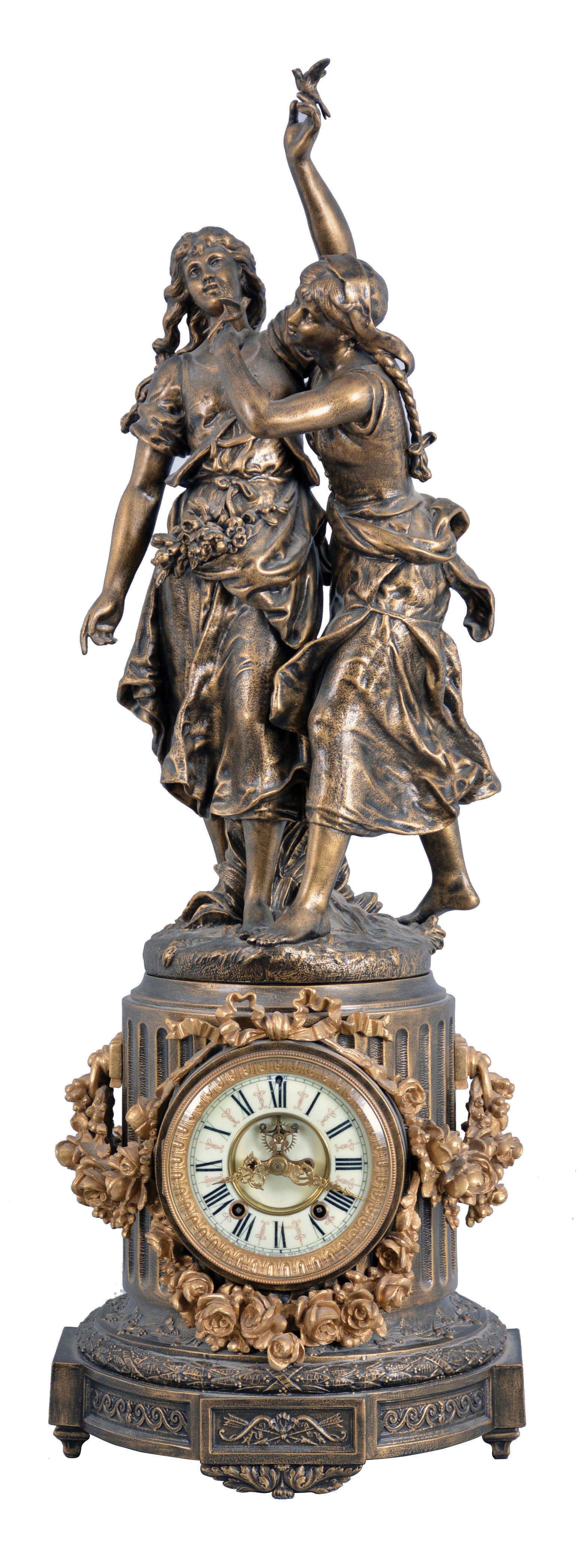 Ansonia Clock Co., New York, NY, "Florida" base with 1090 group (Gaiety) figural shelf clock with a spring driven, 8 day, time and rack &amp; snail strike movement with visible escapement in a cast metal case. — Antique Clocks Price Guide