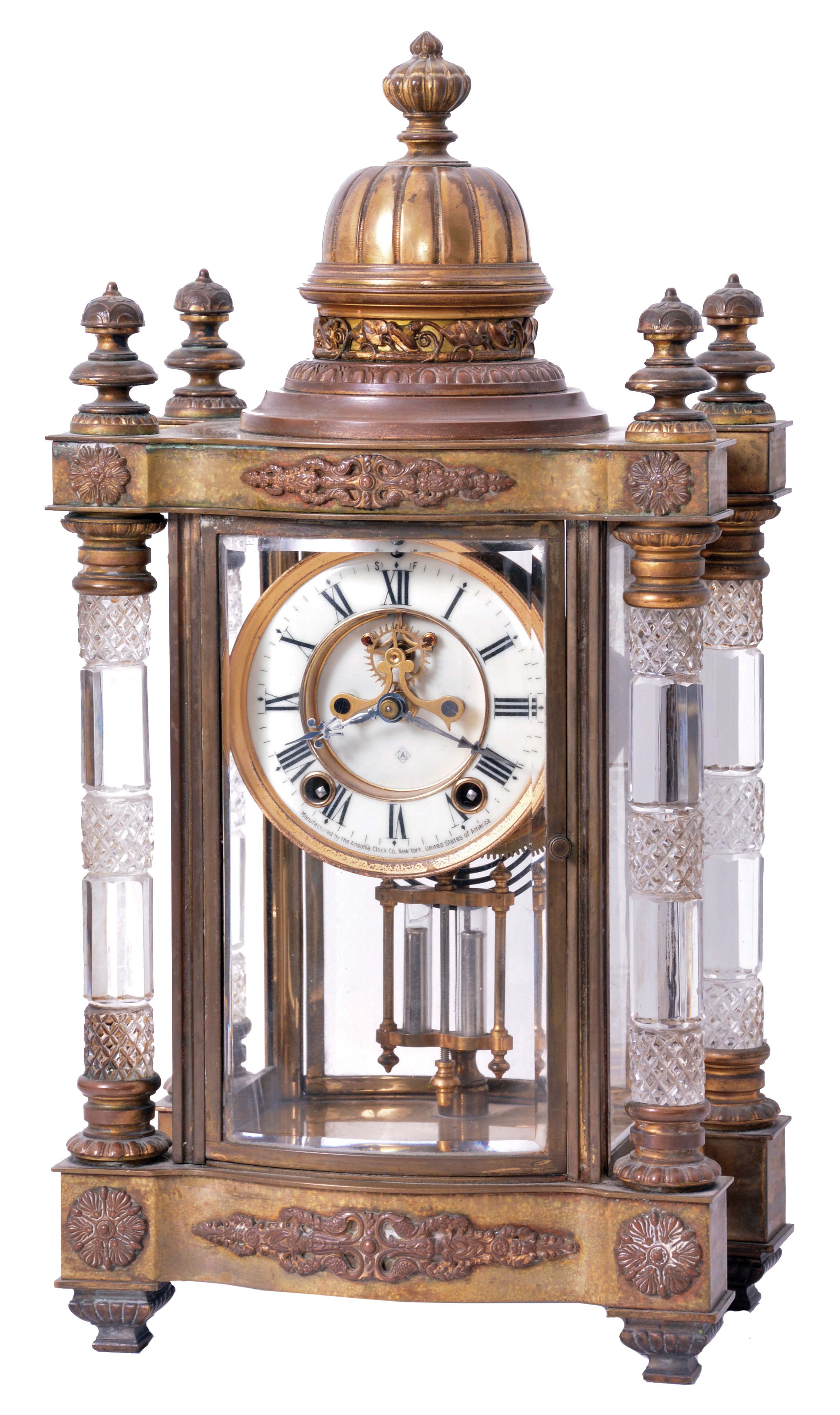 Ansonia Clock Co., New York, NY, "Utopia" crystal regulator, 8 day, time and strike spring driven movement — Antique Clocks Price Guide