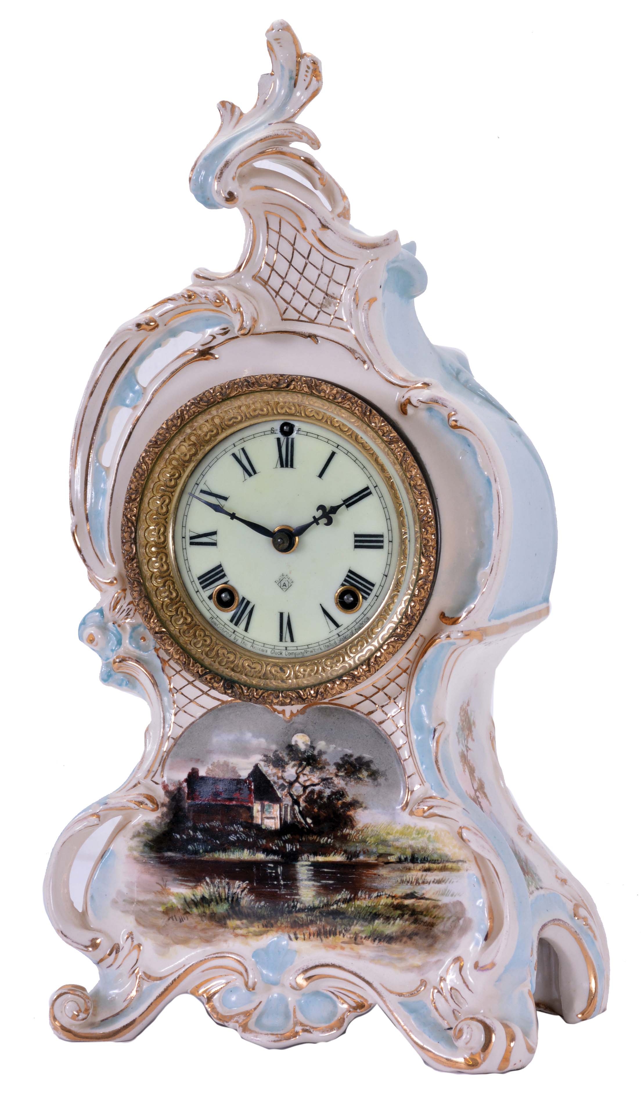 Ansonia Clock Co., New York, NY, "La Capelle", 8 day, time and strike spring driven movement porcelain mantel clock. — Antique Clocks Price Guide