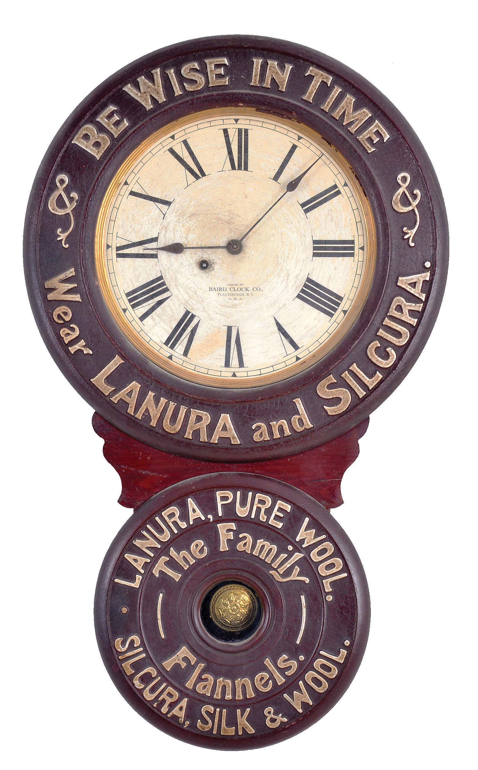 Baird Clock Manufacturing Co., Plattsburgh, New York, "Lanura and Silkura, Silk &amp; Wool", advertising wall clock, 8 day, time and strike, spring driven movement in a painted mixed wood case with paper mache doors displaying embossed advertising including the "The Family Flannels." on the inner ring of lower door and "BE WISE IN TIME &amp; WEAR LANURA AND SILKURA. &amp;" on the upper door with papered metal dials — Antique Clocks Price Guide