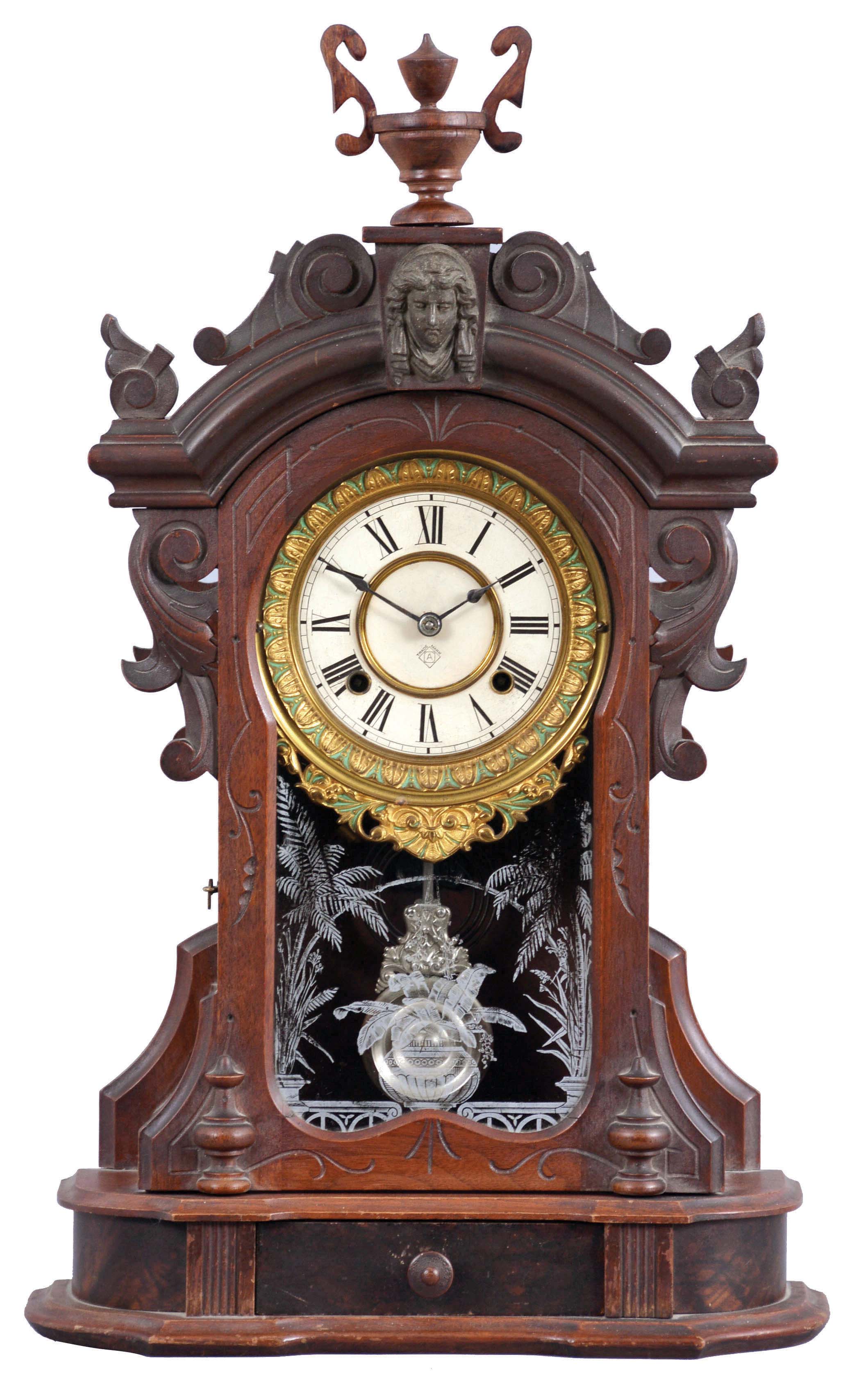 Ansonia Clock Co., New York, NY, "Monarch" shelf clock with a spring driven, 8 day time and half hour strike movement in a black walnut case. — Antique Clocks Price Guide