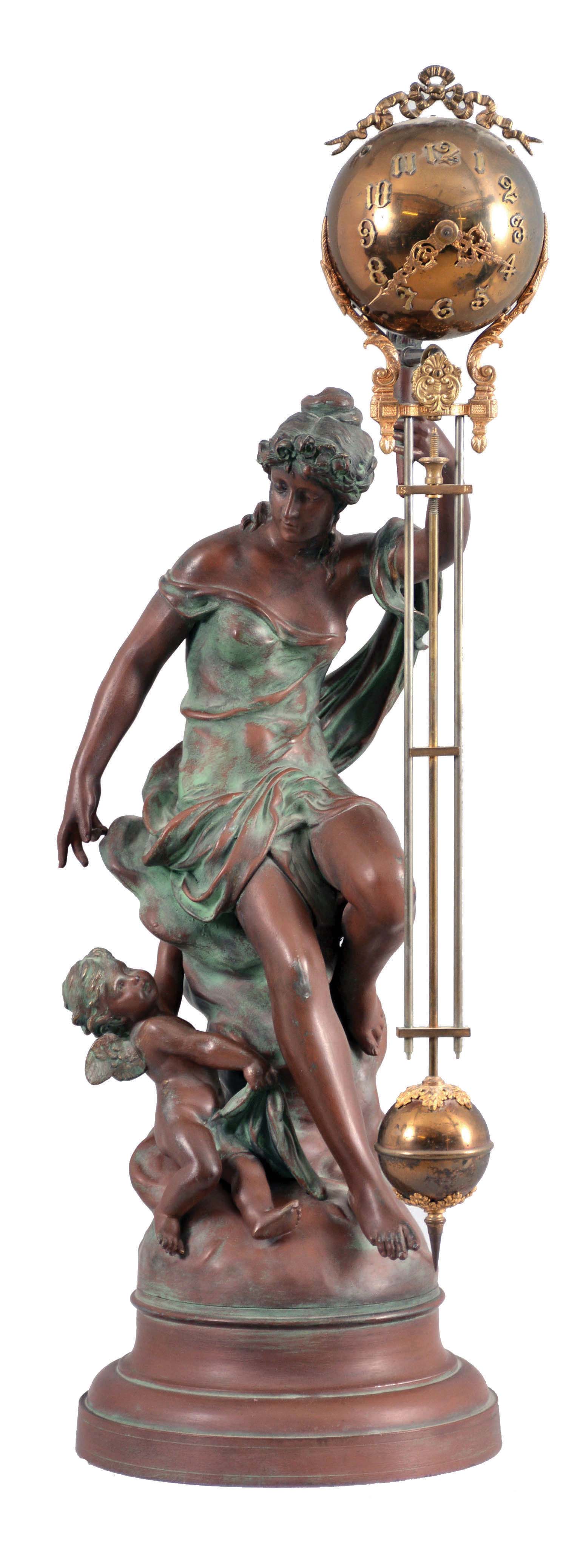 Ansonia Clock Co., New York. NY, "Fortuna" figural swinger mantel clock with a spring driven, 8 day timepiece movement in a cast metal case. — Antique Clocks Price Guide