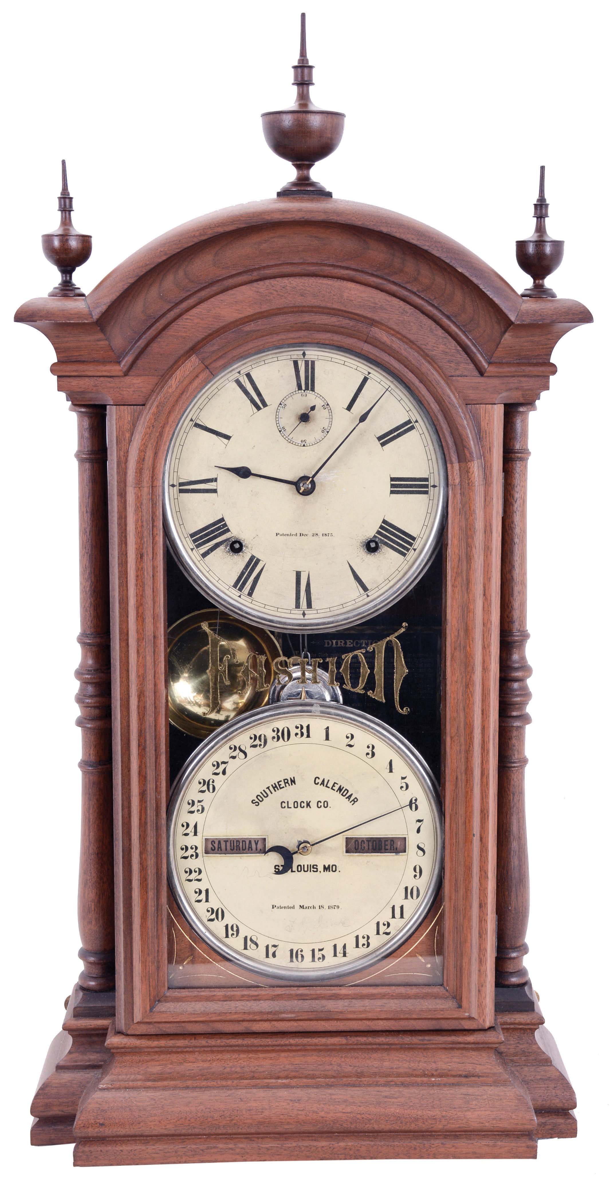 Southern Calendar Clock Co., St. Louis, Mo., "Fashion No. 3" double dial shelf clock with a Seth Thomas spring driven, 8 day, time and strike movement and a R. T. Andrews patented perpetual calendar mechanism in a walnut case. — Antique Clocks Price Guide