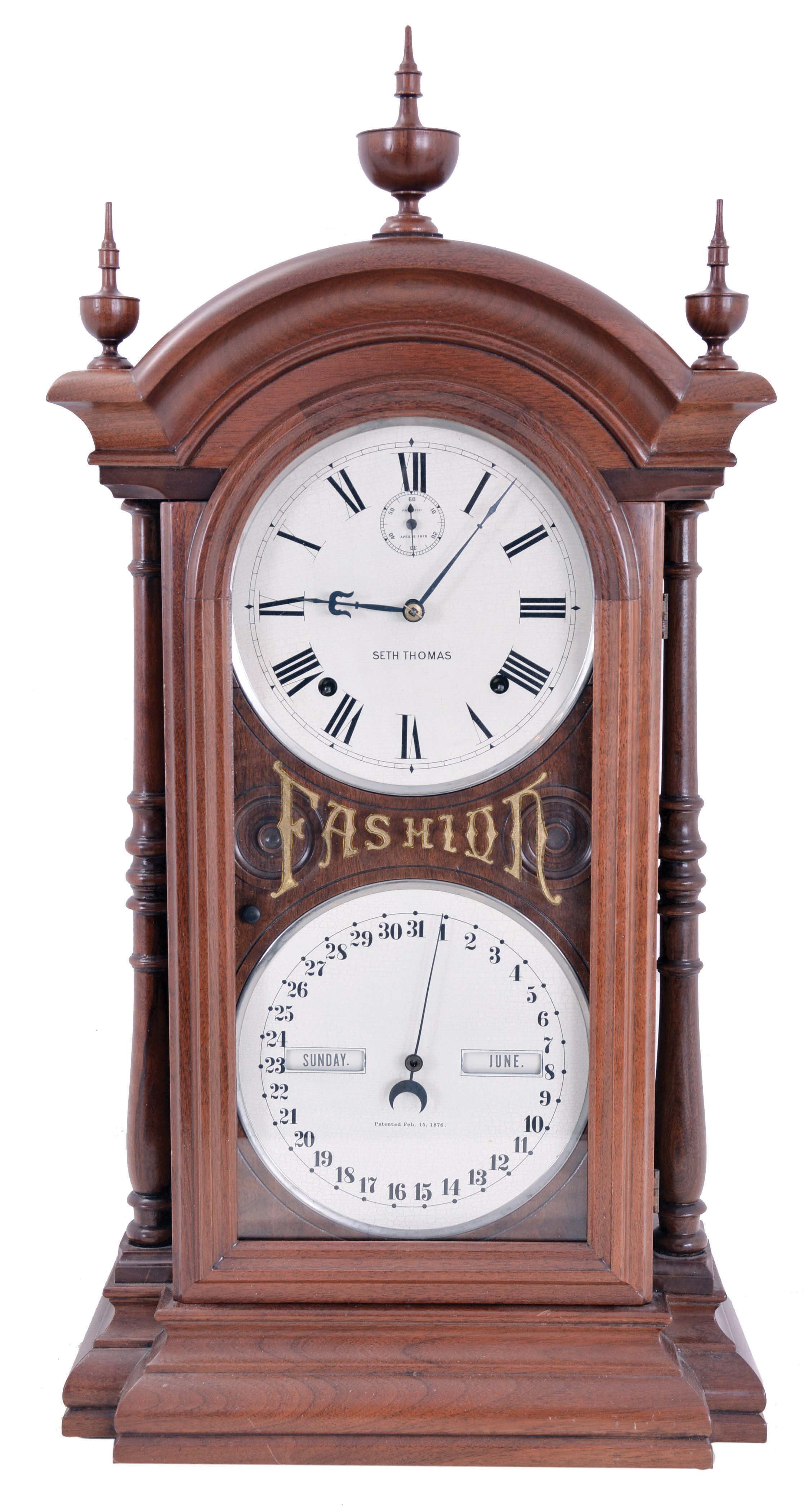 Southern Calendar Clock Co., St. Louis, Mo., "Fashion No. 8" double dial shelf clock with a Seth Thomas spring driven, 8 day, time and strike movement and a R. T. Andrews patented perpetual calendar mechanism in a walnut case. — Antique Clocks Price Guide