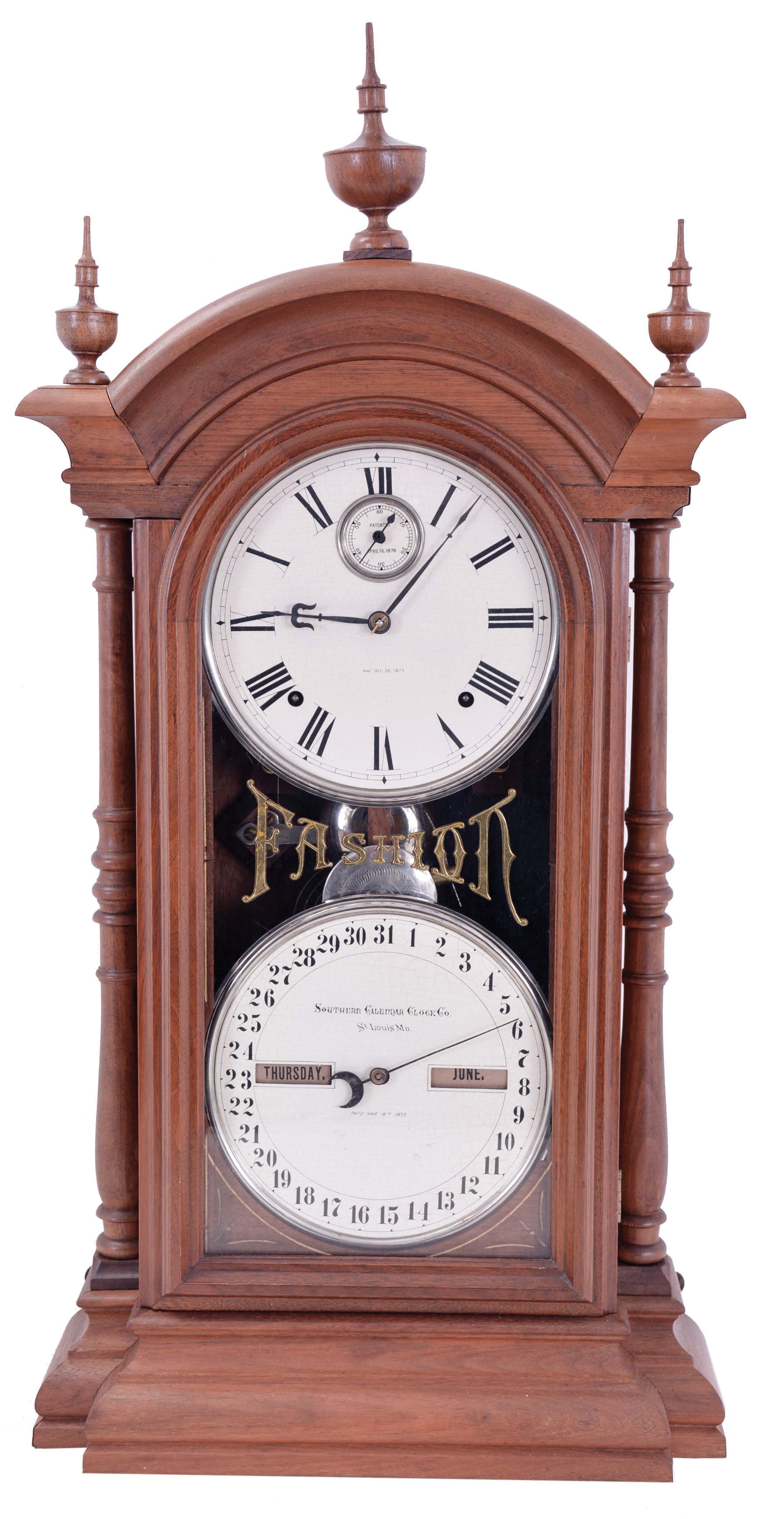 Southern Calendar Clock Co., St. Louis, Mo., "Fashion No. 4T" double dial shelf clock with a Seth Thomas spring driven, 8 day, time and strike movement and a R. T. Andrews patented perpetual calendar mechanism in a walnut case. — Antique Clocks Price Guide