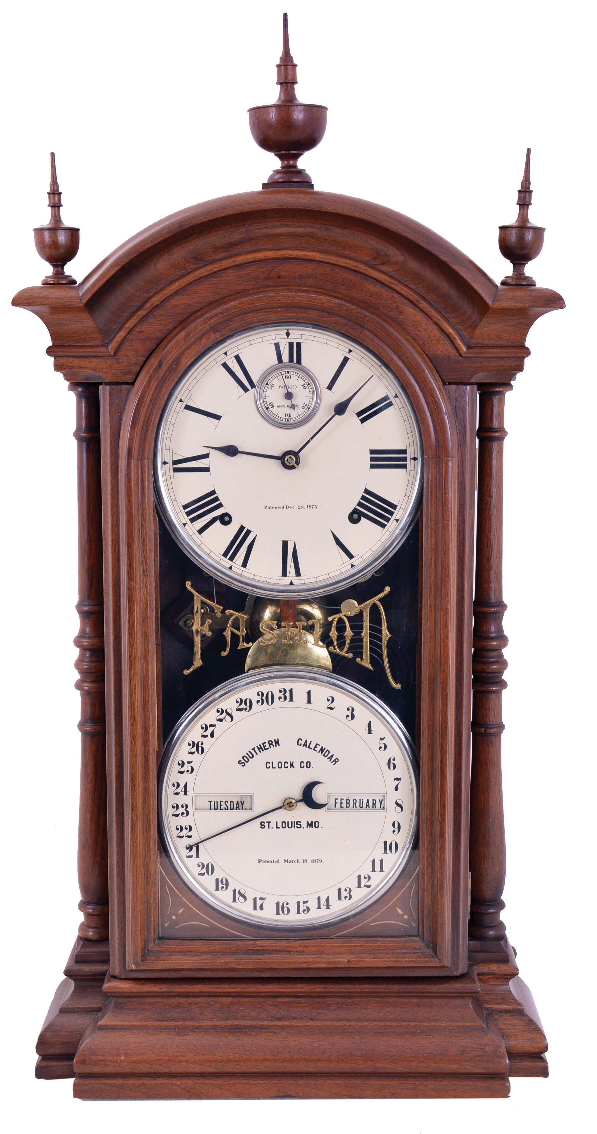 Southern Calendar Clock Co., St. Louis, Mo., "Fashion No. 4" double dial shelf clock with a Seth Thomas spring driven, 8 day, time and strike movement with an R. T. Andrews patented perpetual calendar mechanism in a walnut case. — Antique Clocks Price Guide
