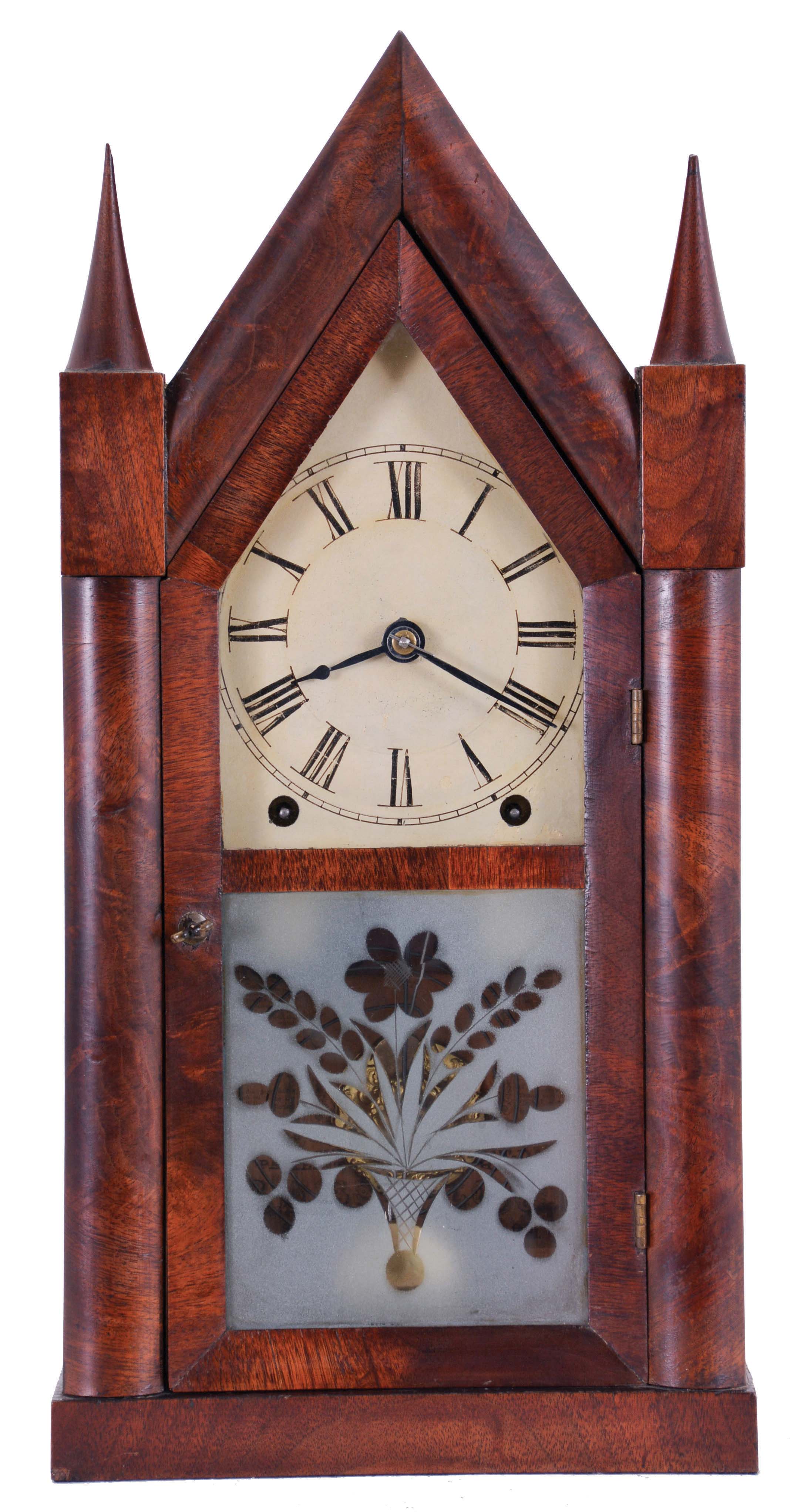 Brewster and Ingrahams, Bristol, Conn., 8 day, time and strike spring driven movement sharp gothic or steeple clock with brass springs. — Antique Clocks Price Guide
