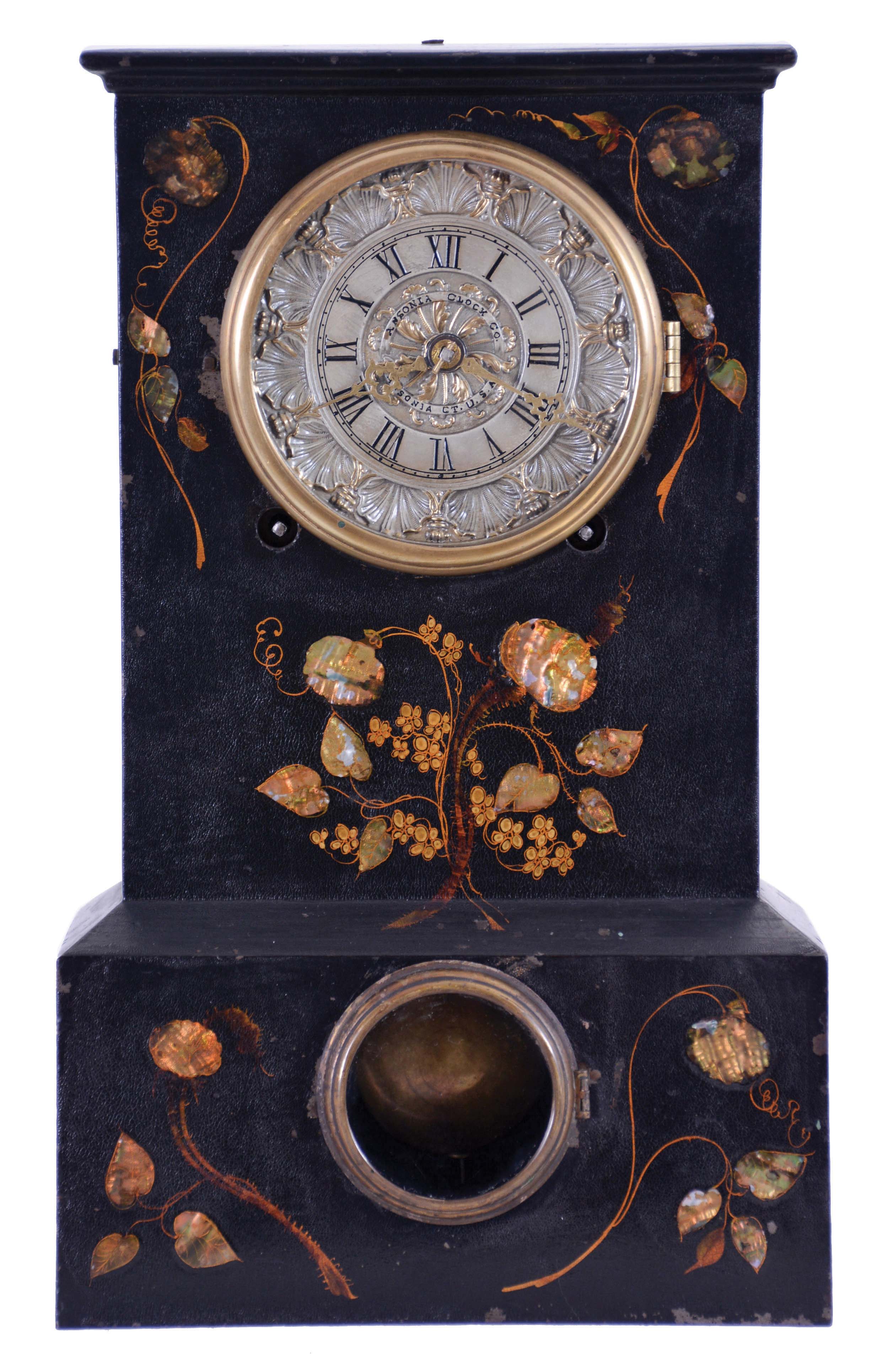 Ansonia Clock Co., New York, NY, 8 day, time and strike spring driven movement Iron case with MOP shelf clock. — Antique Clocks Price Guide