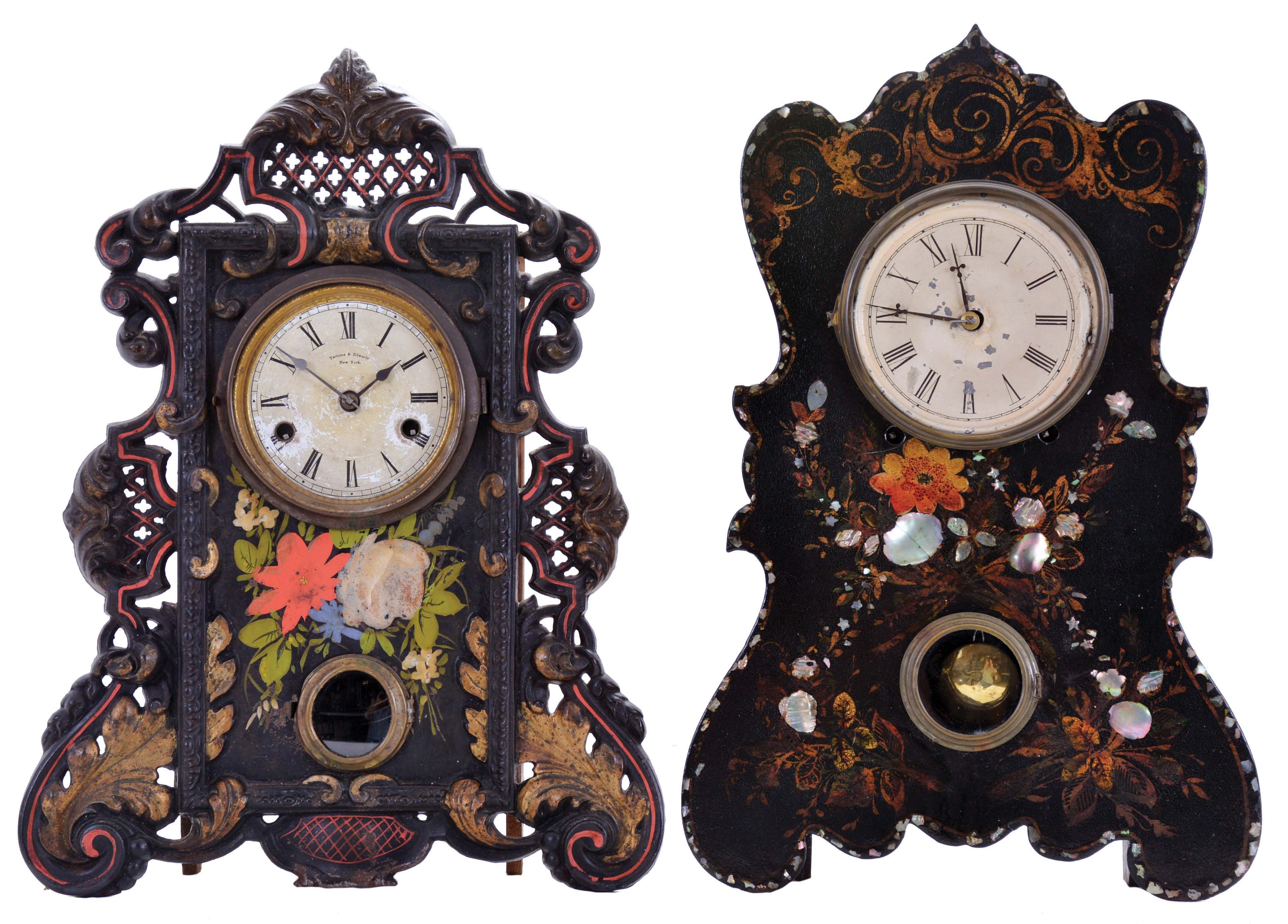 Clocks- 2 (Two): (1) Terhune &amp; Edwards, New York, New York, 30 hour, time and strike spring driven movement iron front shelf clock, c1865; (2) Terhune &amp; Botsford, New York, New York, 8 day, time and strike spring driven movement iron front with MOP shelf clock, c1850. — Antique Clocks Price Guide