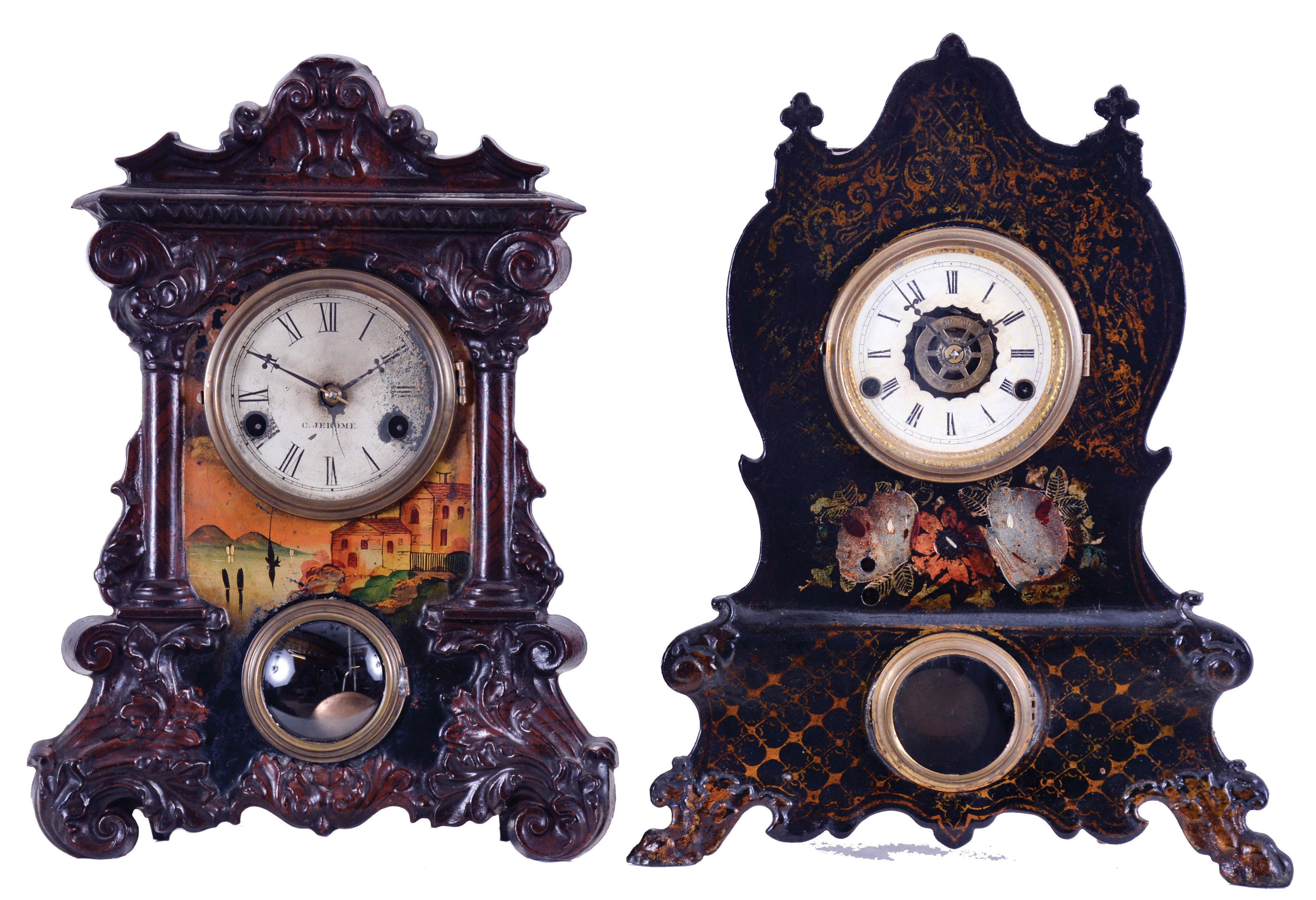 Clocks- 2 (Two): (1) Bradley &amp; Hubbard, West Meriden, Conn., 30 hour, time and strike spring driven movement iron front shelf clock; (2) Chauncey Jerome, New Haven, Conn., 30 hour time and strike spring driven movement iron front shelf clock. — Antique Clocks Price Guide