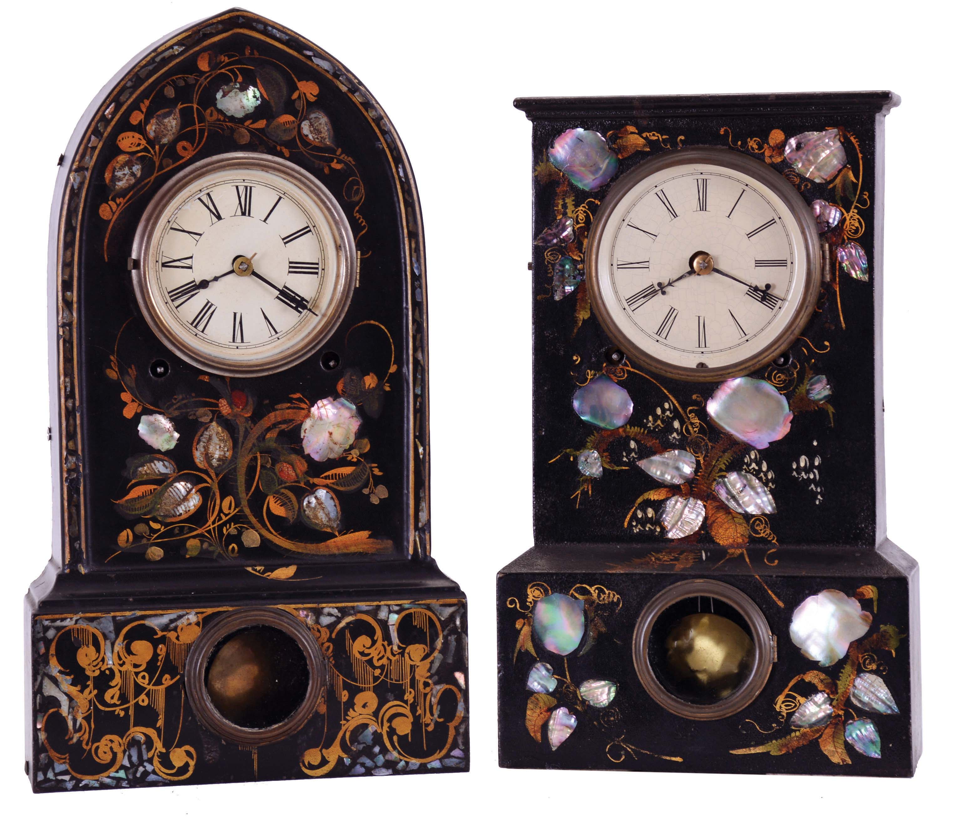 Clocks- 2 (Two): (1) Terry &amp; Andrews, Bristol, Conn., 8 day, time and strike spring driven movement iron case with MOP shelf clock; (2) Terry &amp; Andrews, Bristol, Conn., 8 day, time and strike spring driven movement iron case with MOP shelf clock. — Antique Clocks Price Guide