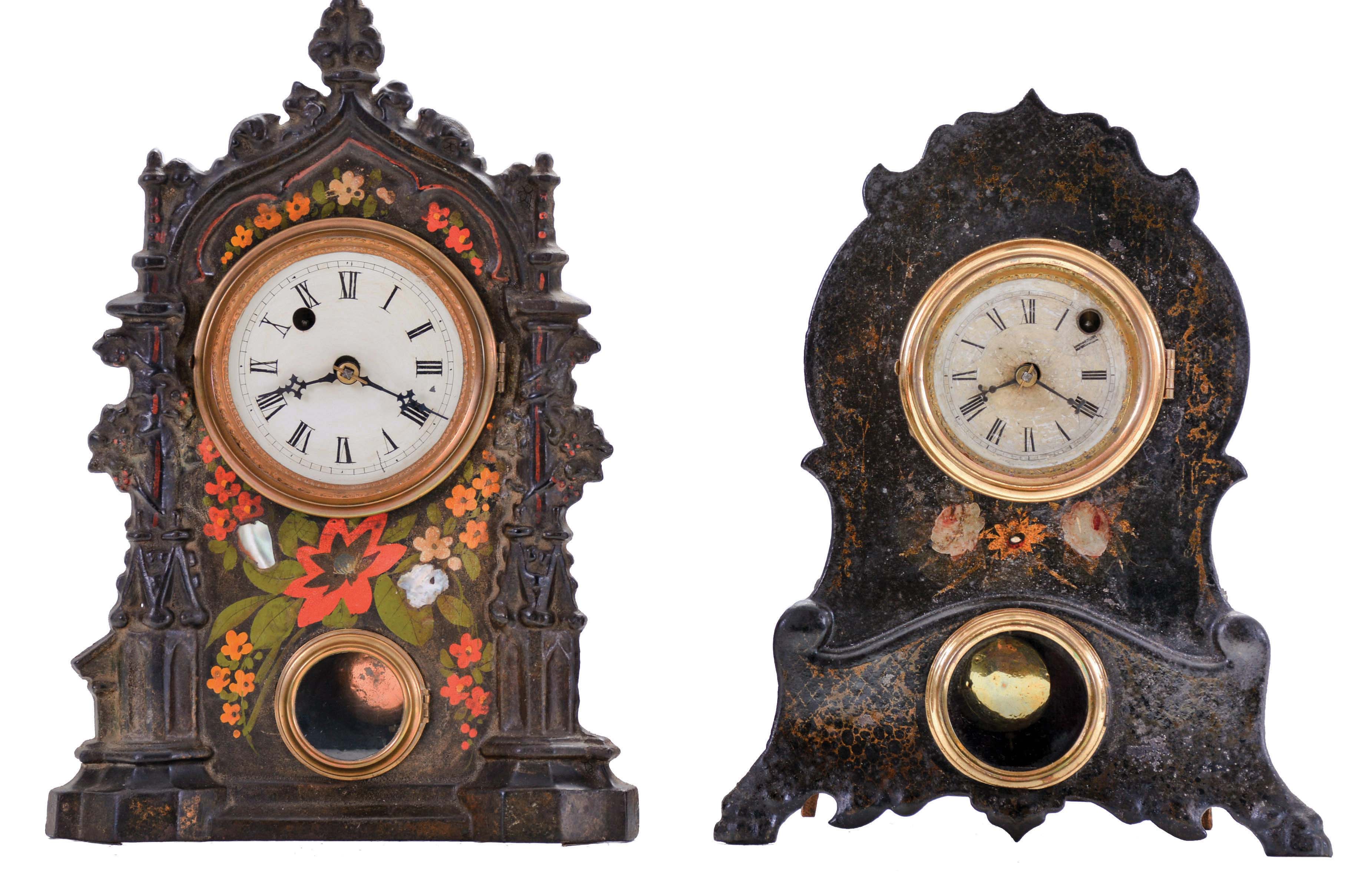 Clocks- 2 (Two): (1) American Clock Co., 3 Courtlandt St., New York, shelf clock with a spring driven 30 hour timepiece movement in a cast iron case with painted decoration and MOP inlay, c1860; (2) George B. Owen, 25 John St., New York. shelf clock with a spring driven timepiece movement in a painted cast iron case, c1860 — Antique Clocks Price Guide