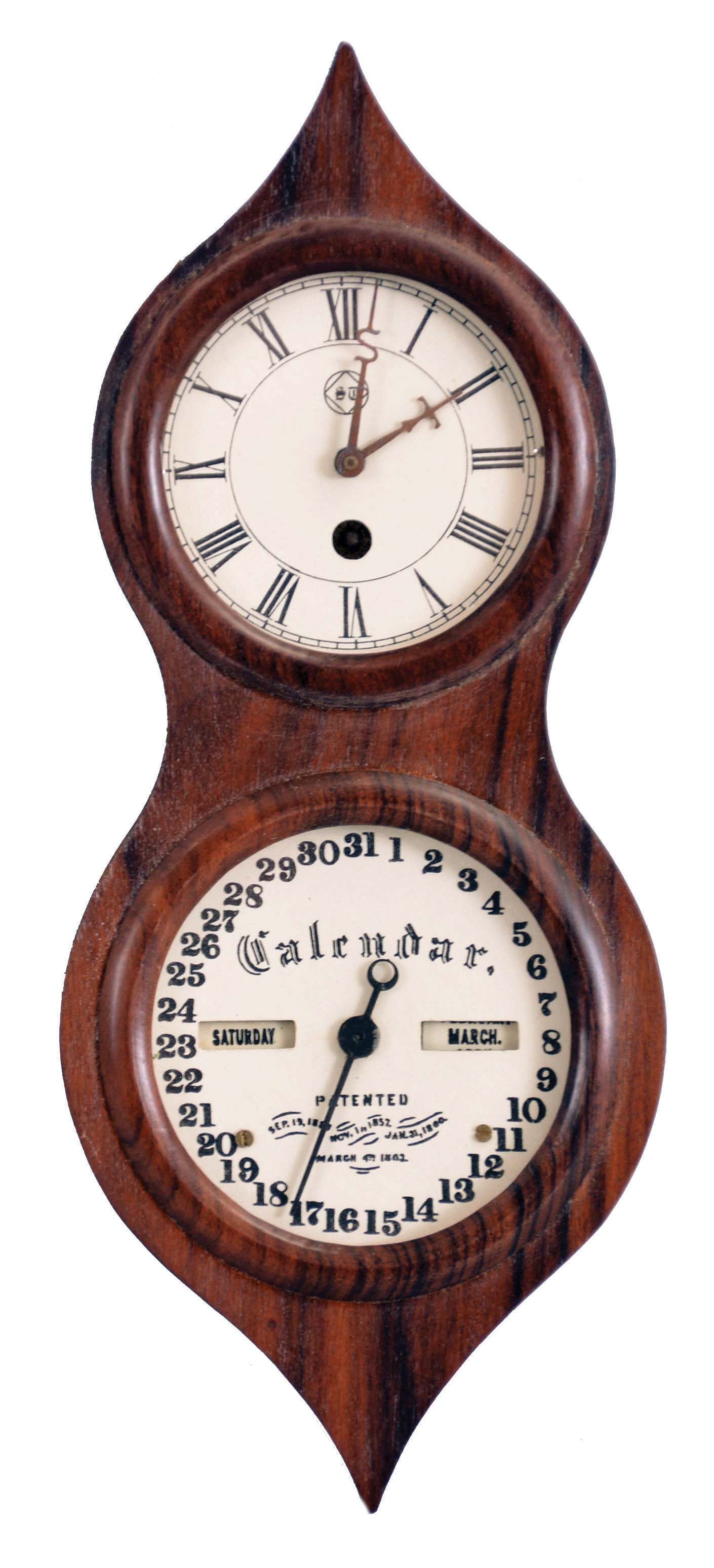 Michael Paul, Berea, Ohio, miniature reproduction, 30 hour, spring driven, pendulum movement with a working Mix Brothers calendar, copy of a Seth Thomas "Office Calendar No. 3" "Peanut" double dial calendar clock. This example is number 23 of 26. — Antique Clocks Price Guide