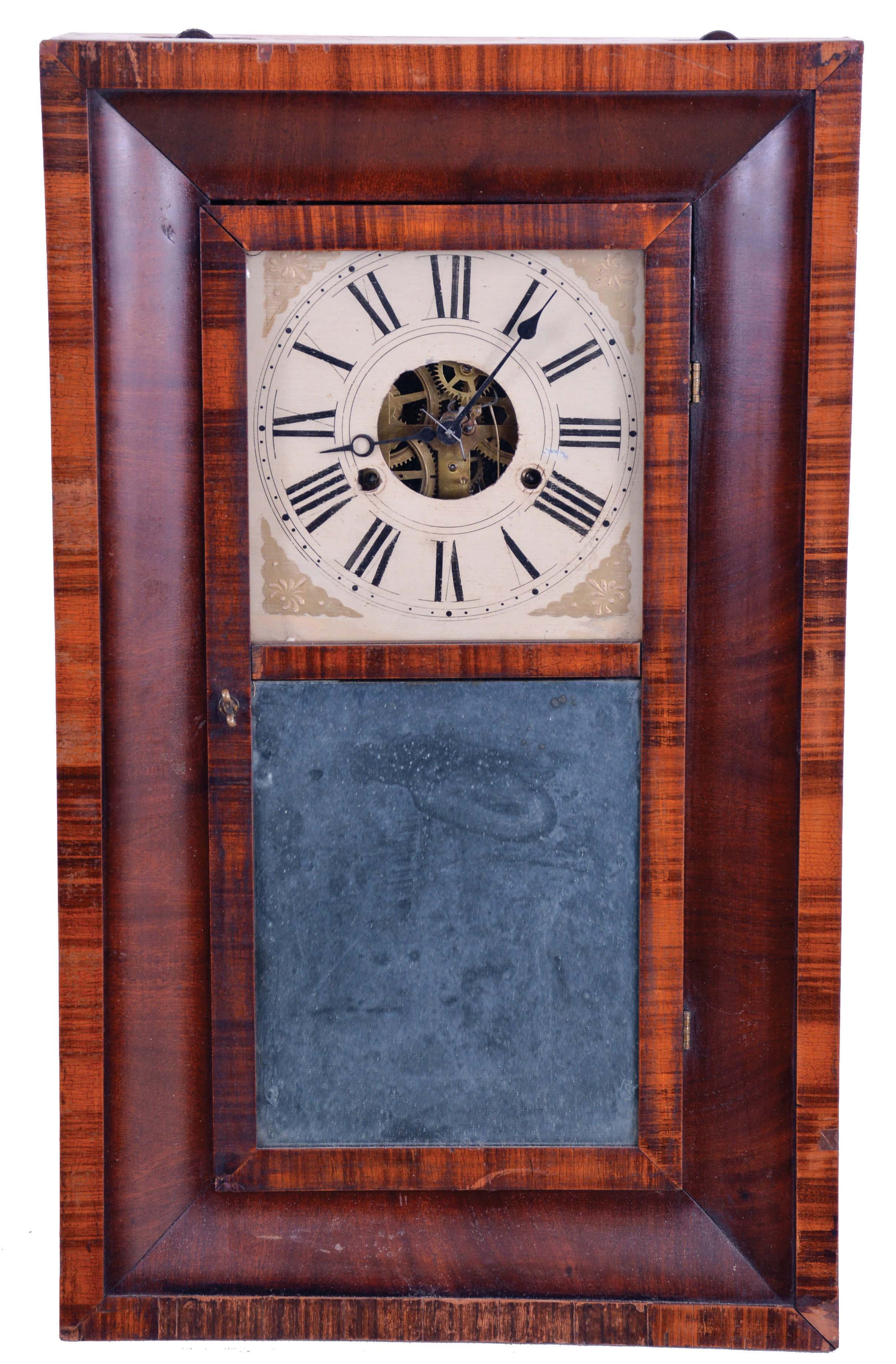 Clocks- 2 (Two): (1) E. Terry &amp; Sons, Plymouth, Conn., 30 hour, time and strike weight wood movement pillar &amp; scroll shelf clock, c1825; (2) New Haven Clock Co., New Haven, Conn., 30 hour, time and strike, weight driven brass movement OG shelf clock, c1855 — Antique Clocks Price Guide