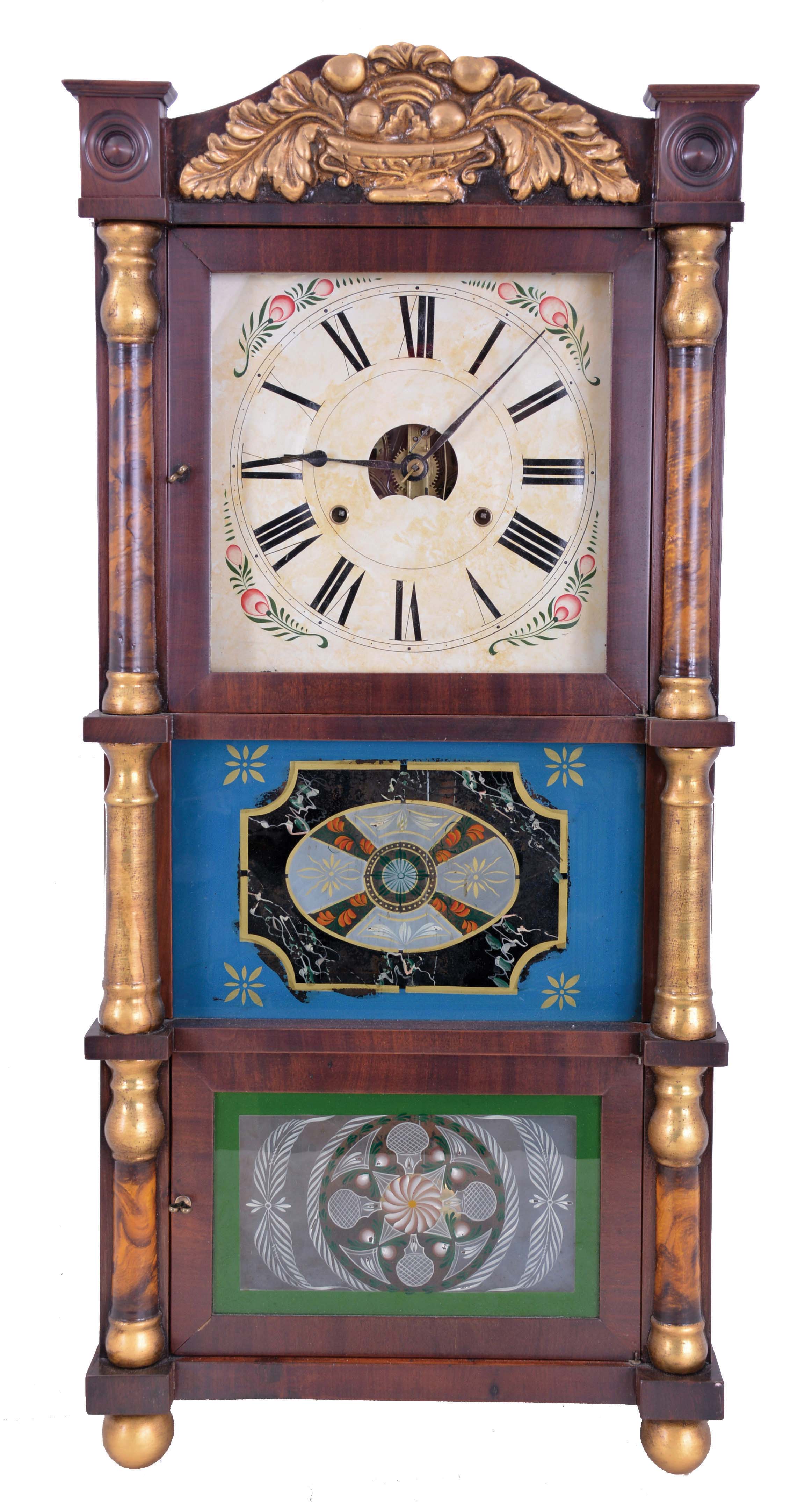 Birge, Peck &amp; Co., Bristol, Conn., 8 day, time and strike, weight driven brass movement triple deck shelf clock. — Antique Clocks Price Guide