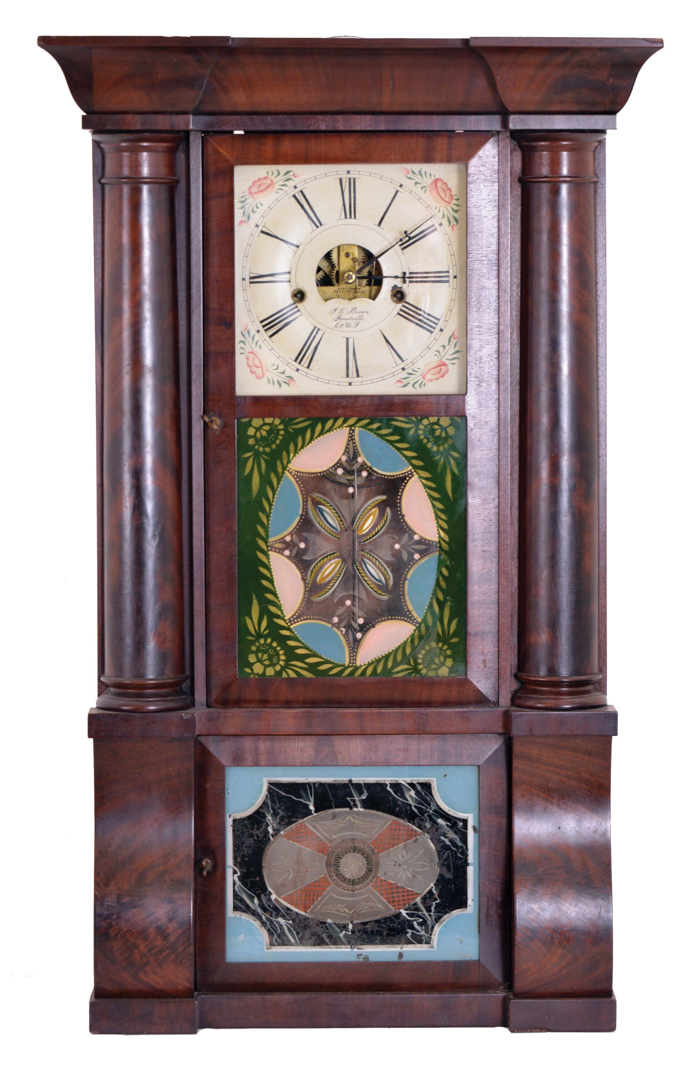 Forestville Manufacturing Co., (J. C. Brown), 8 day, time and strike, weight driven brass movement column &amp; cornice shelf clock. — Antique Clocks Price Guide