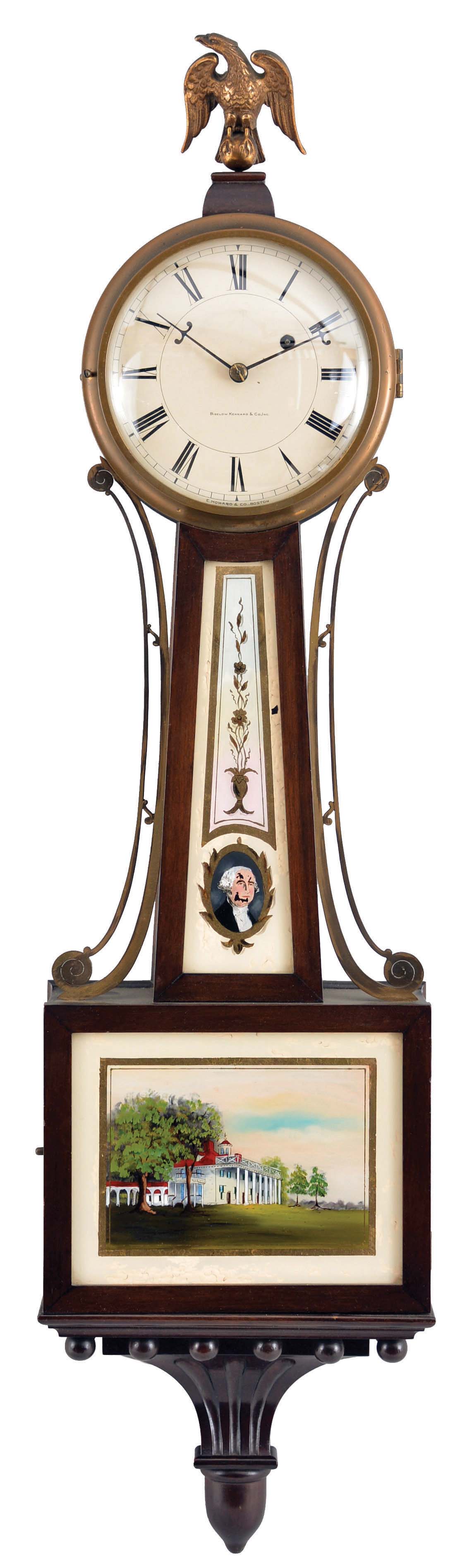 E. Howard &amp; Co., Boston, Mass., "No. 95", 8 day, weight driven brass movement Patent or banjo timepiece retailed by Bigelow, Kennard &amp; Co., Inc., Boston. — Antique Clocks Price Guide