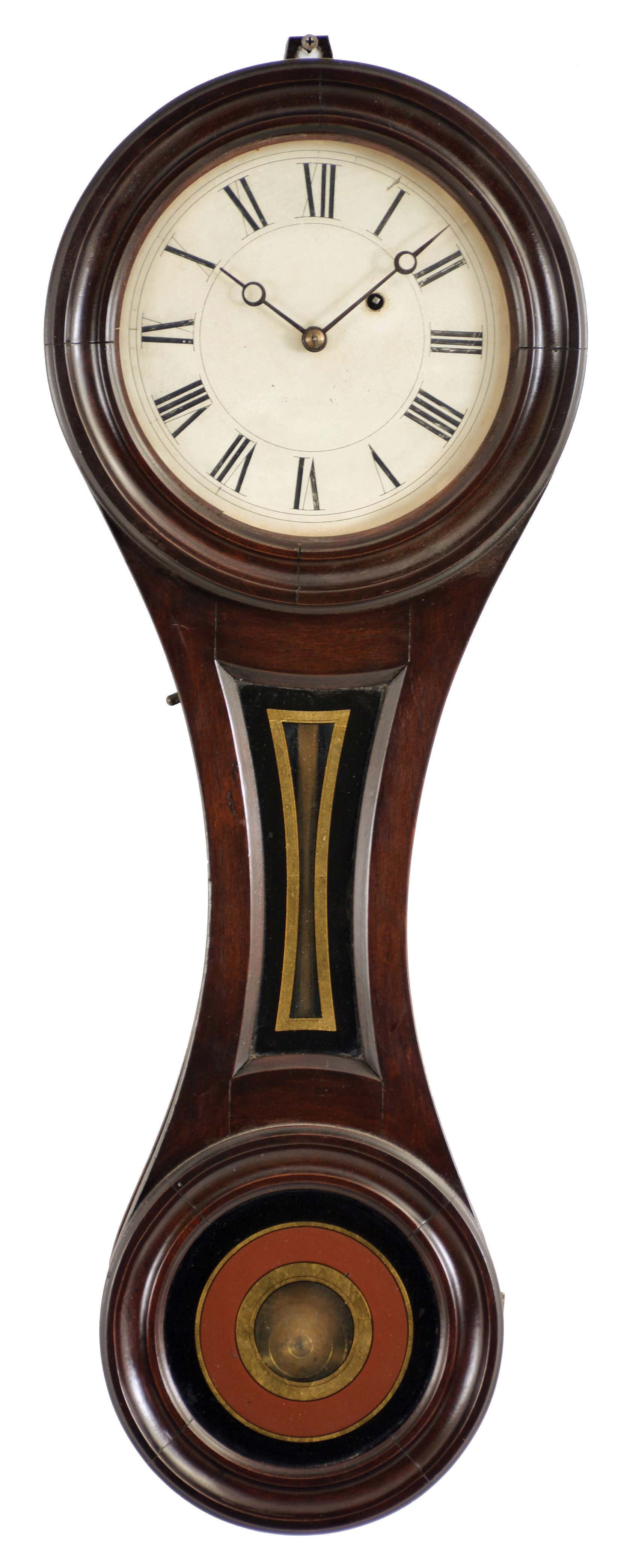 E. Howard &amp; Co., Boston, Mass., "Regulator No. 10", walnut "figure eight" style case with turned wooden bezel and lower door, reverse painted glasses in black, red, and gold, signed, Roman numeral painted dial with blued steel moon hands, and 8 day, weight driven timepiece movement — Antique Clocks Price Guide