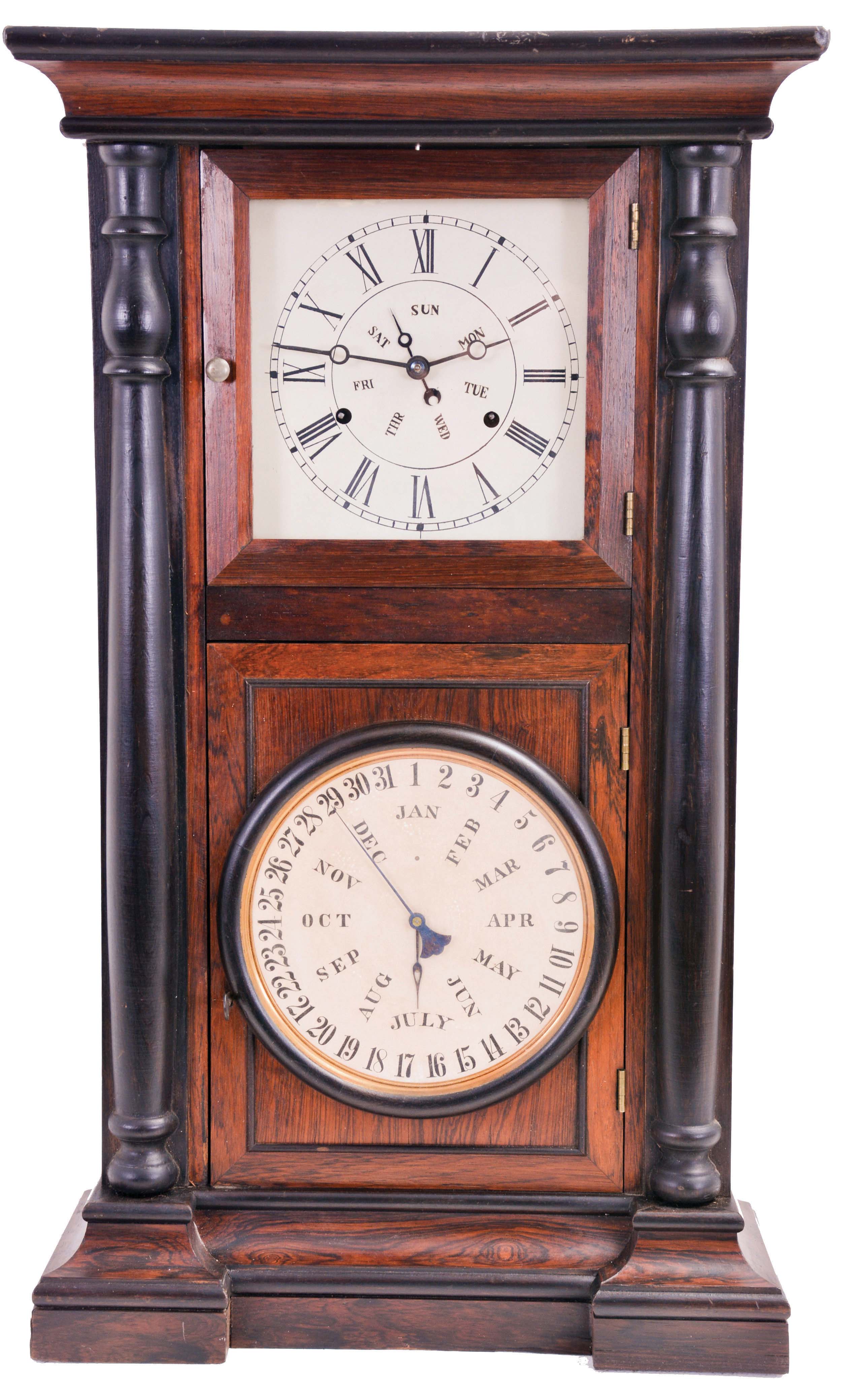 Welch, Spring &amp; Co., Forestville, Conn., "No. 3 Mantel Calendar" shelf clock with a weight driven 8 day, time and strike movement with a B. B, Lewis perpetual calendar mechanism in a rosewood veneered case. — Antique Clocks Price Guide