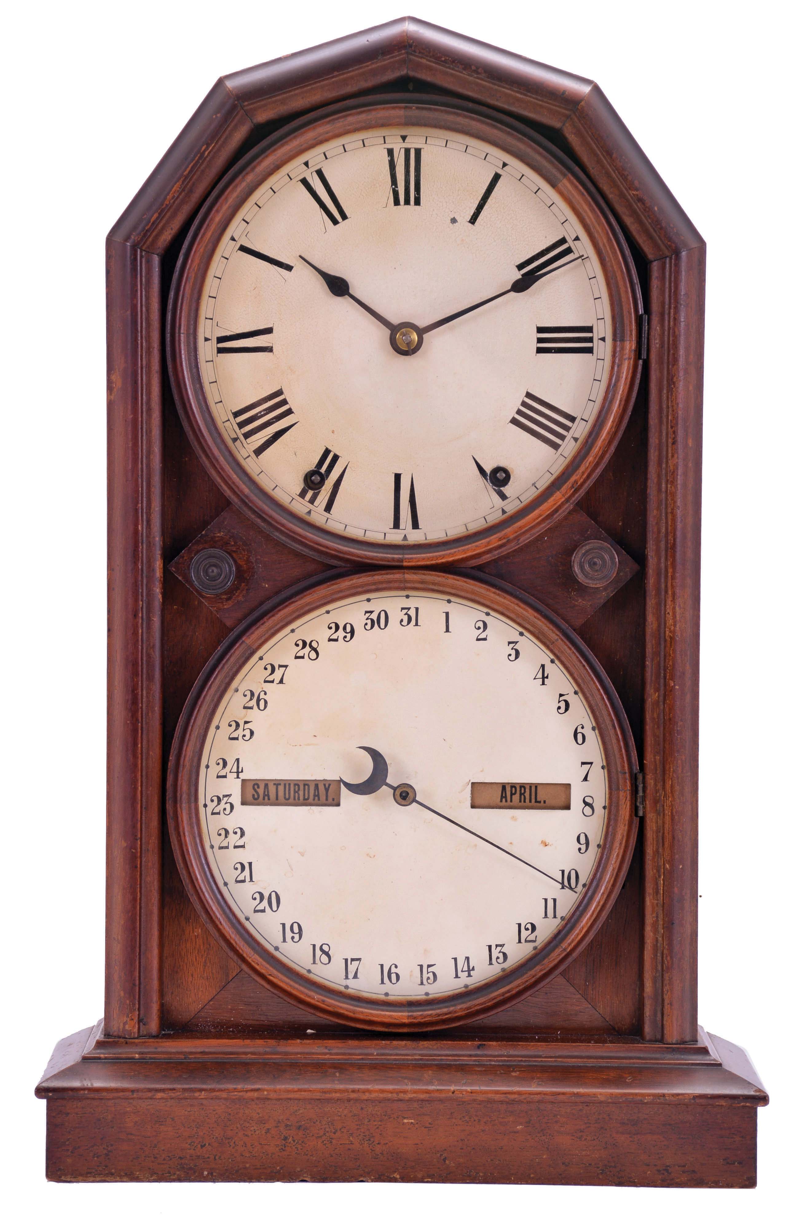 Seth Thomas Clock Co., Thomaston, Conn., "Parlor Calendar No. 5" shelf clock with a spring driven, 8 day, time and strike movement with the R. T. Andrews patented perpetual calendar mechanism in a polished walnut veneered case. — Antique Clocks Price Guide