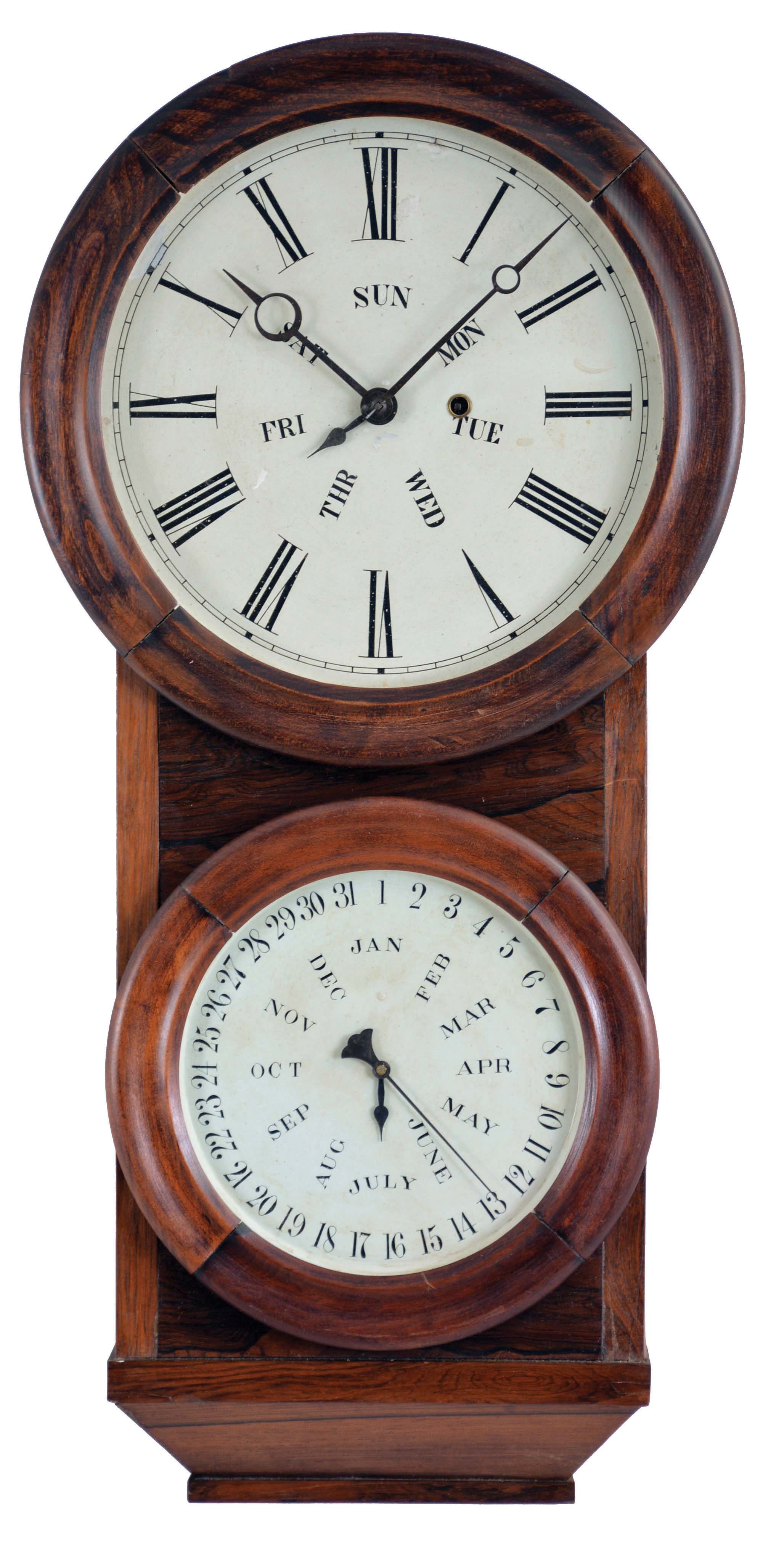 L. F. &amp; W, W. Carter, Bristol, Conn. hanging double dial calendar clock with a spring driven, 8 day timepiece movement and B. B. Lewis perpetual calendar mechanism in a rosewood veneered case. — Antique Clocks Price Guide