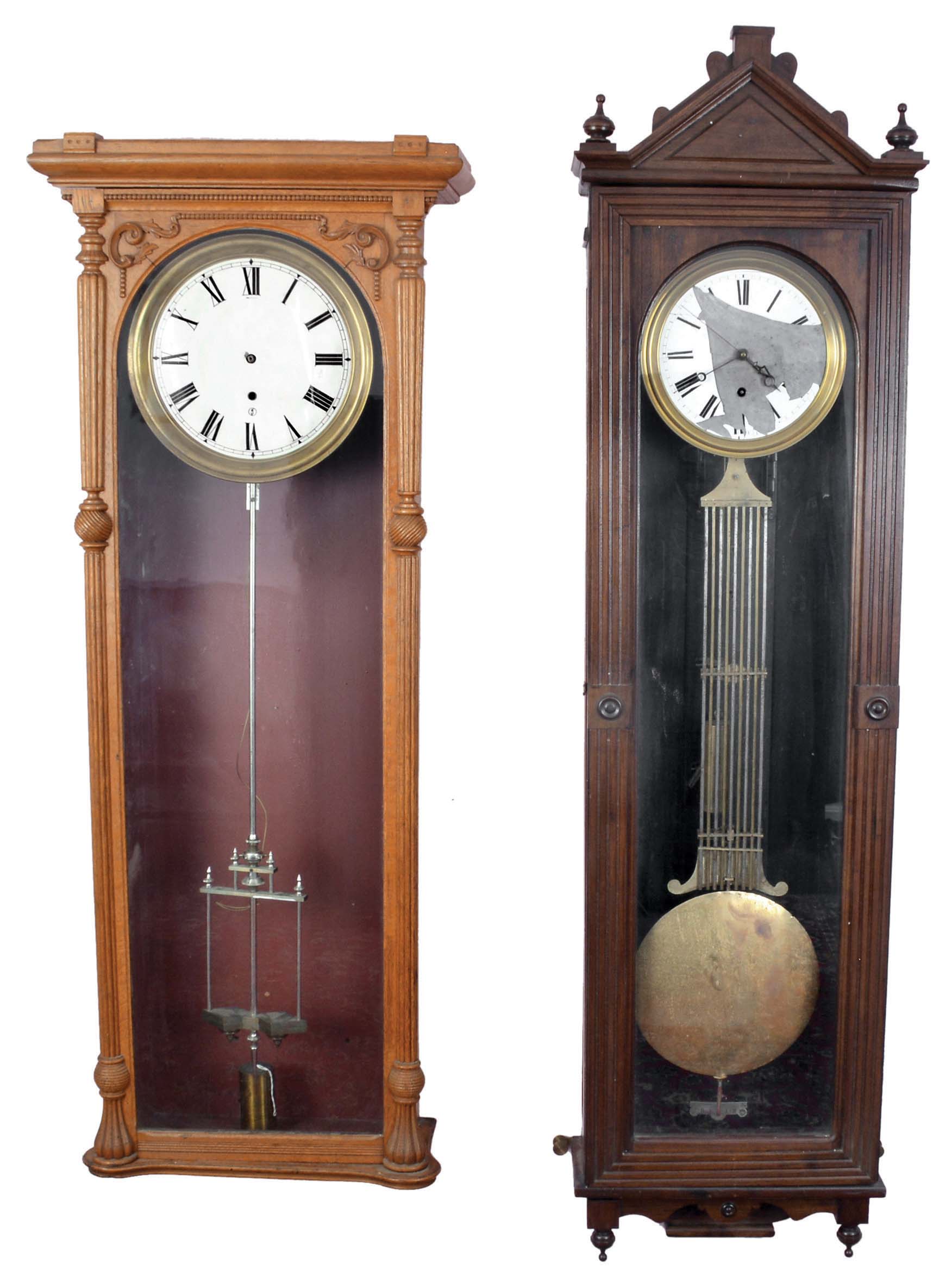 Jeweler's Regulators- (2) Two for restoration plus a third Swiss pinwheel movement (only): (1) 8 day, weight driven with Swiss pinwheel escapement in a mahogany case and gridiron lyre pendulum; (2) 8 day, weight driven with Swiss pinwheel escapement in an oak case with mercury pendulum; (3) Swiss pinwheel movement with white enamel dial — Antique Clocks Price Guide