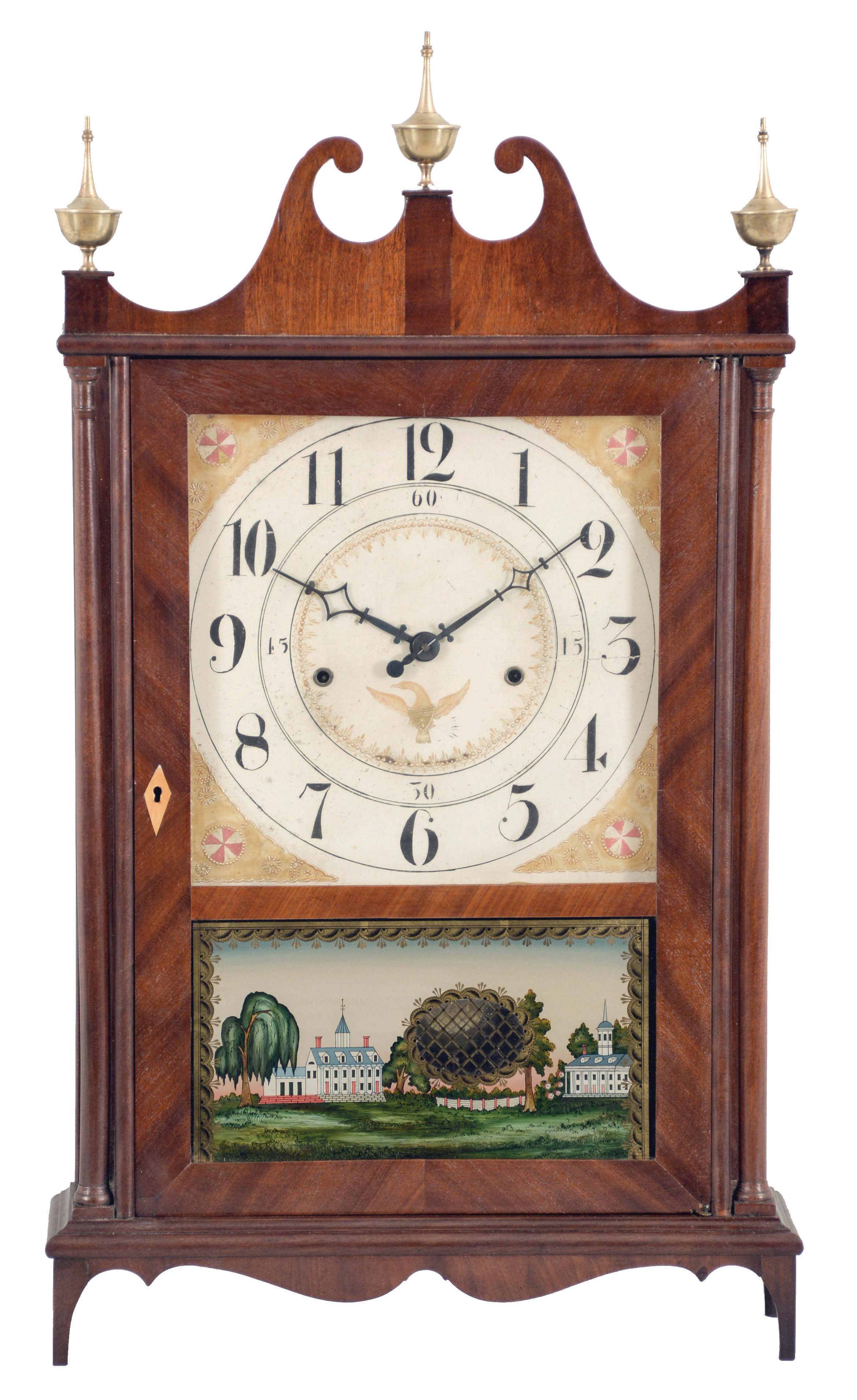 Seth Thomas, Plymouth, Conn., "Off Center Pillar and Scroll" clock with a weight driven 30 hour time and strike wooden movement in a mahogany veneered case. — Antique Clocks Price Guide