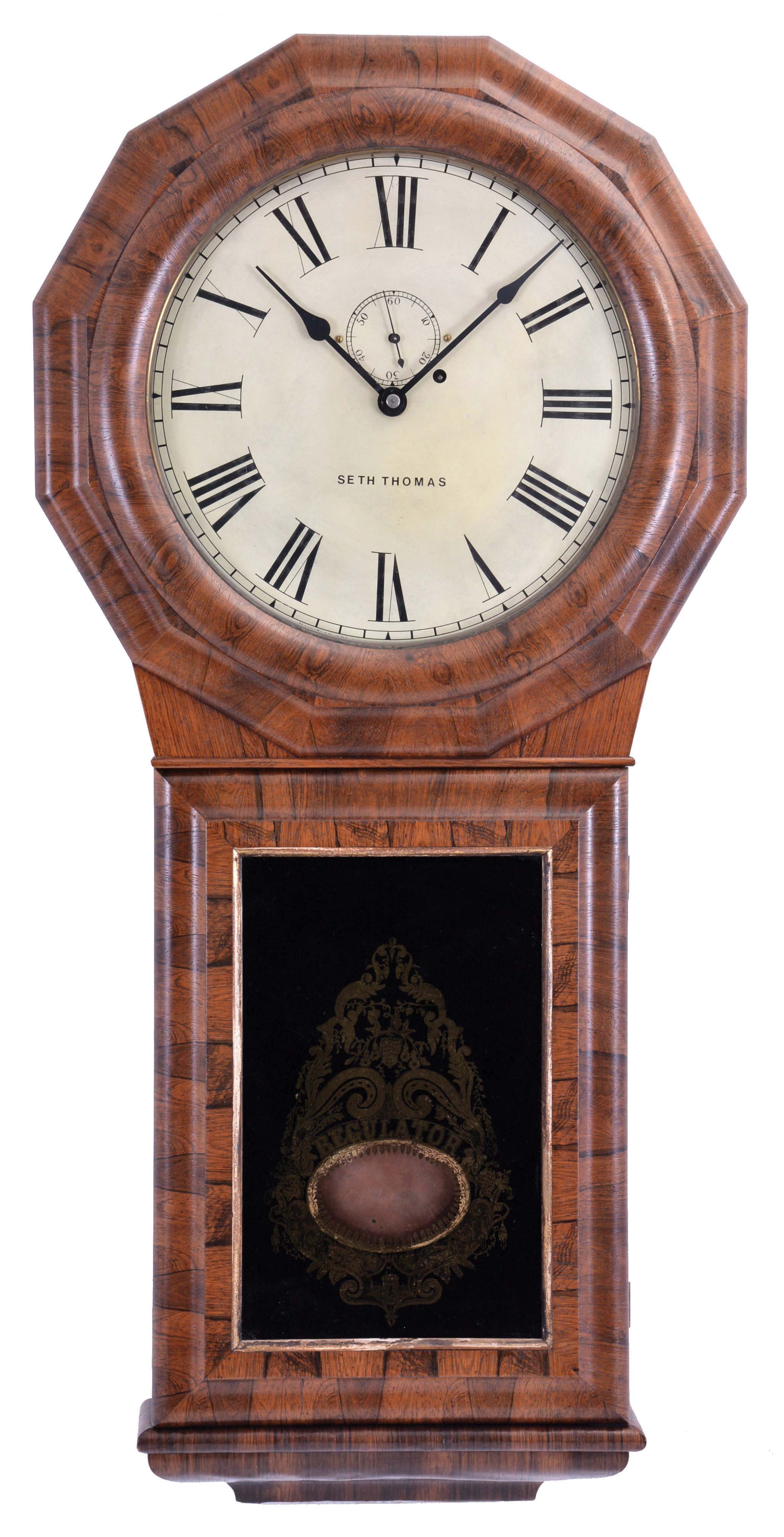 Seth Thomas Clock Co., Plymouth Hollow, Conn., "Regulator No. 1 Extra" hanging clock with a round plate, weight driven 8 day timepiece movement (S. B. Terry style) in a rosewood veneered case. — Antique Clocks Price Guide