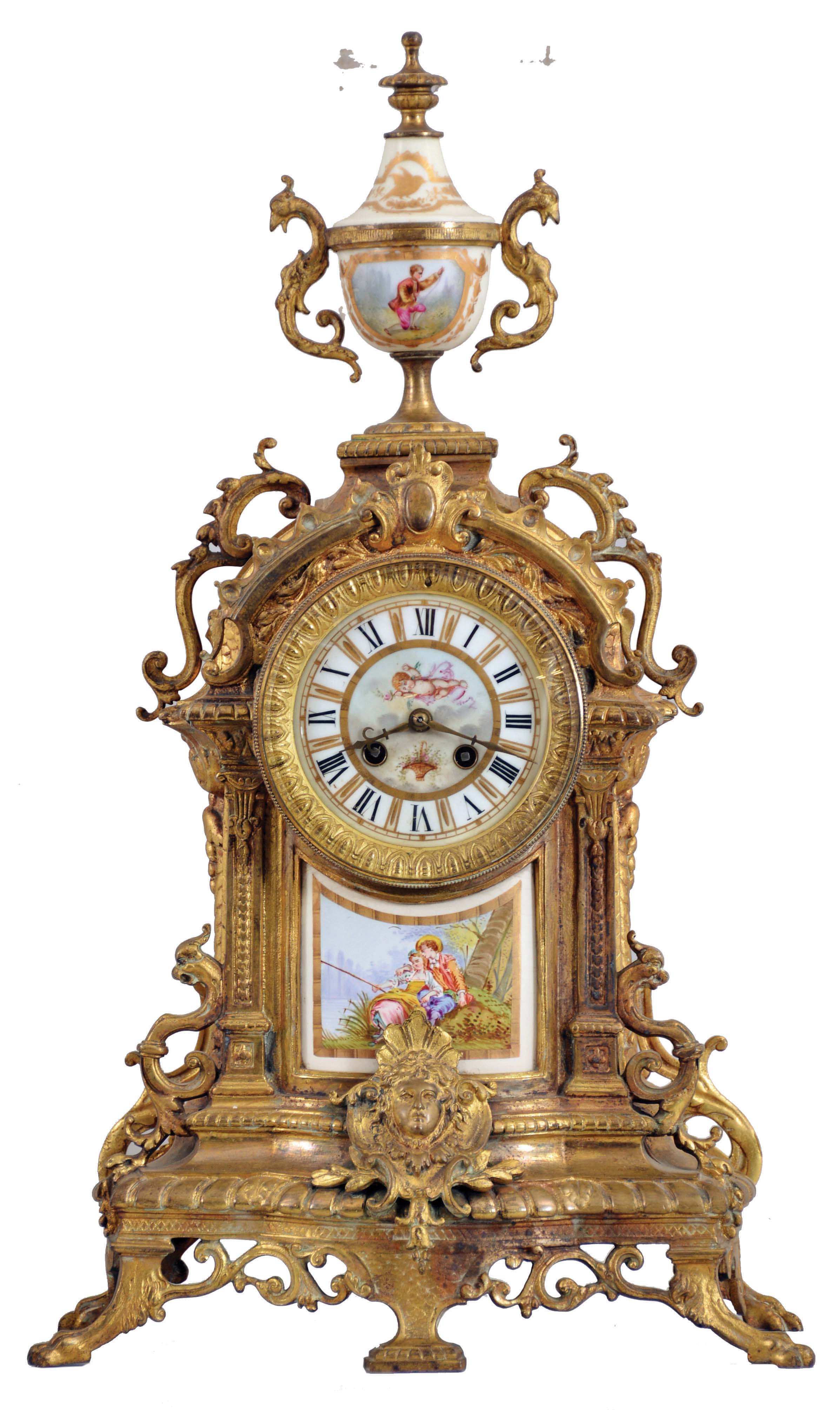 French, Japy Freres, 8 day, time and strike spring driven movement mantel clock with polychrome porcelain finial, dial and central panel — Antique Clocks Price Guide