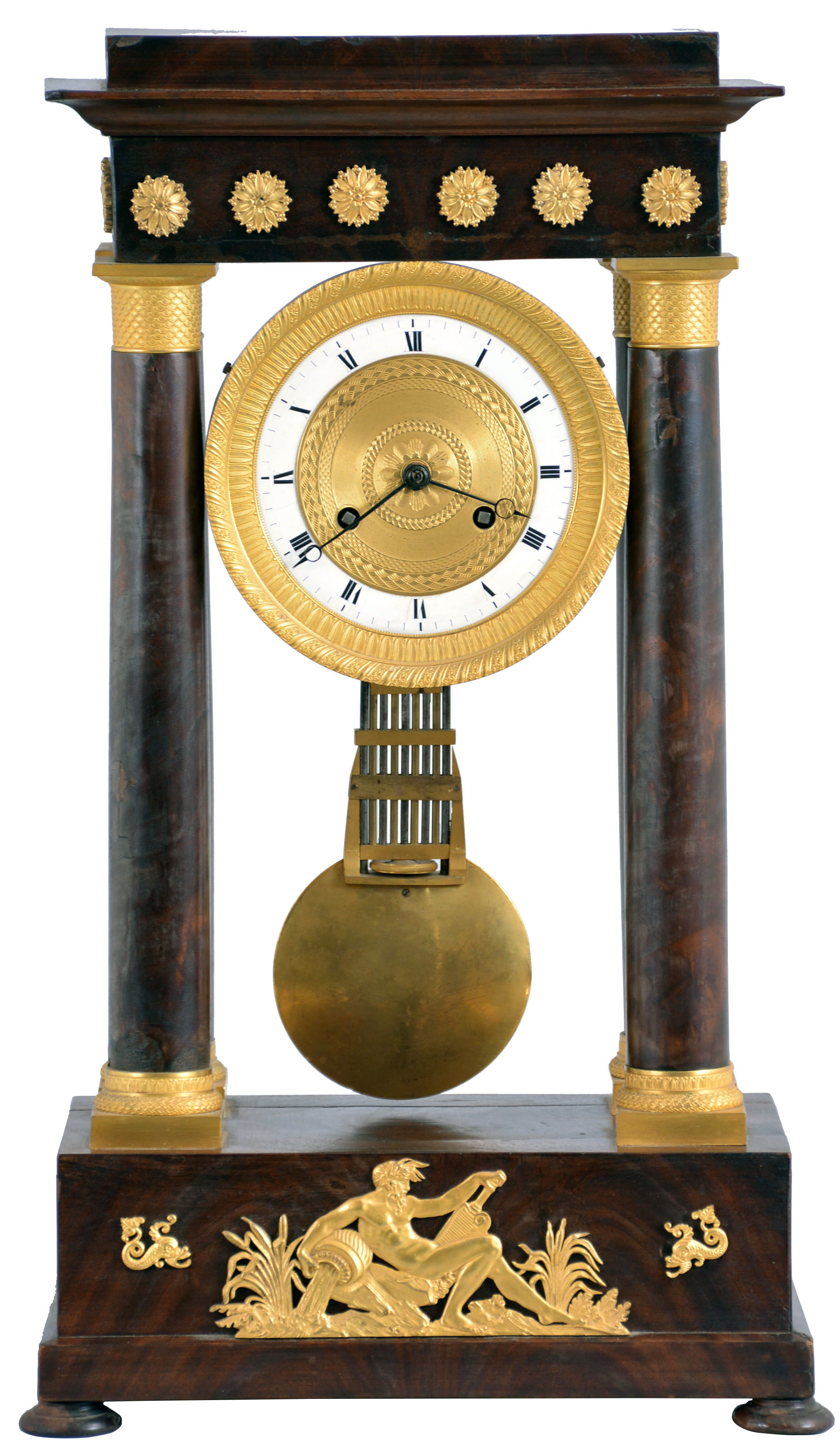France, portico clock, mahogany veneered oak case with gilt mounts, Roman numeral white enamel dial with gilt bezel and engine turned center, blued steel Breguet style hands, 8 day pendule de Paris movement with regulator style gridiron pendulum — Antique Clocks Price Guide