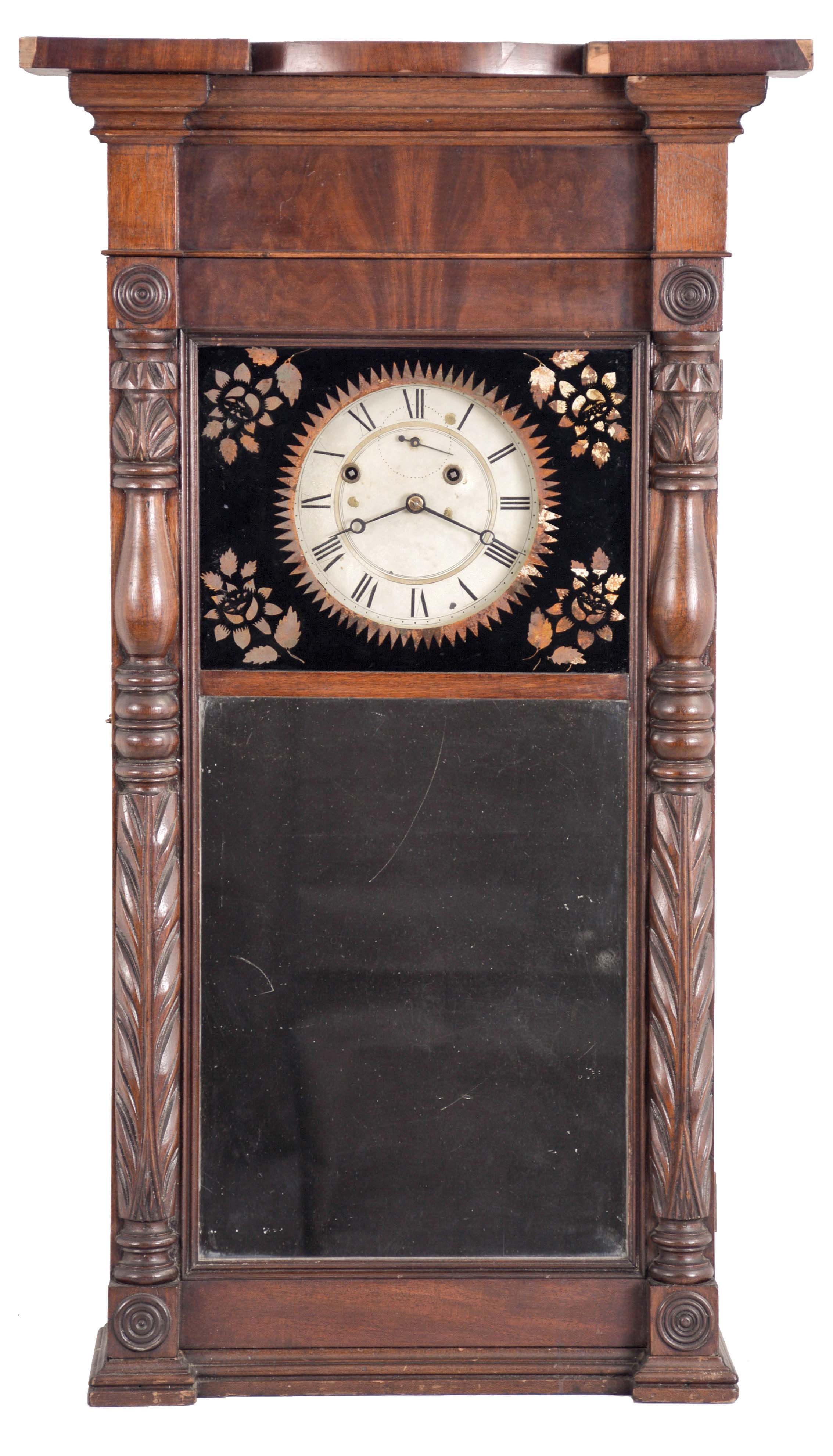 Munger &amp; Benedict, Auburn, New York, 8 day, time and strike, weight driven brass movement ironing board top wall clock. — Antique Clocks Price Guide