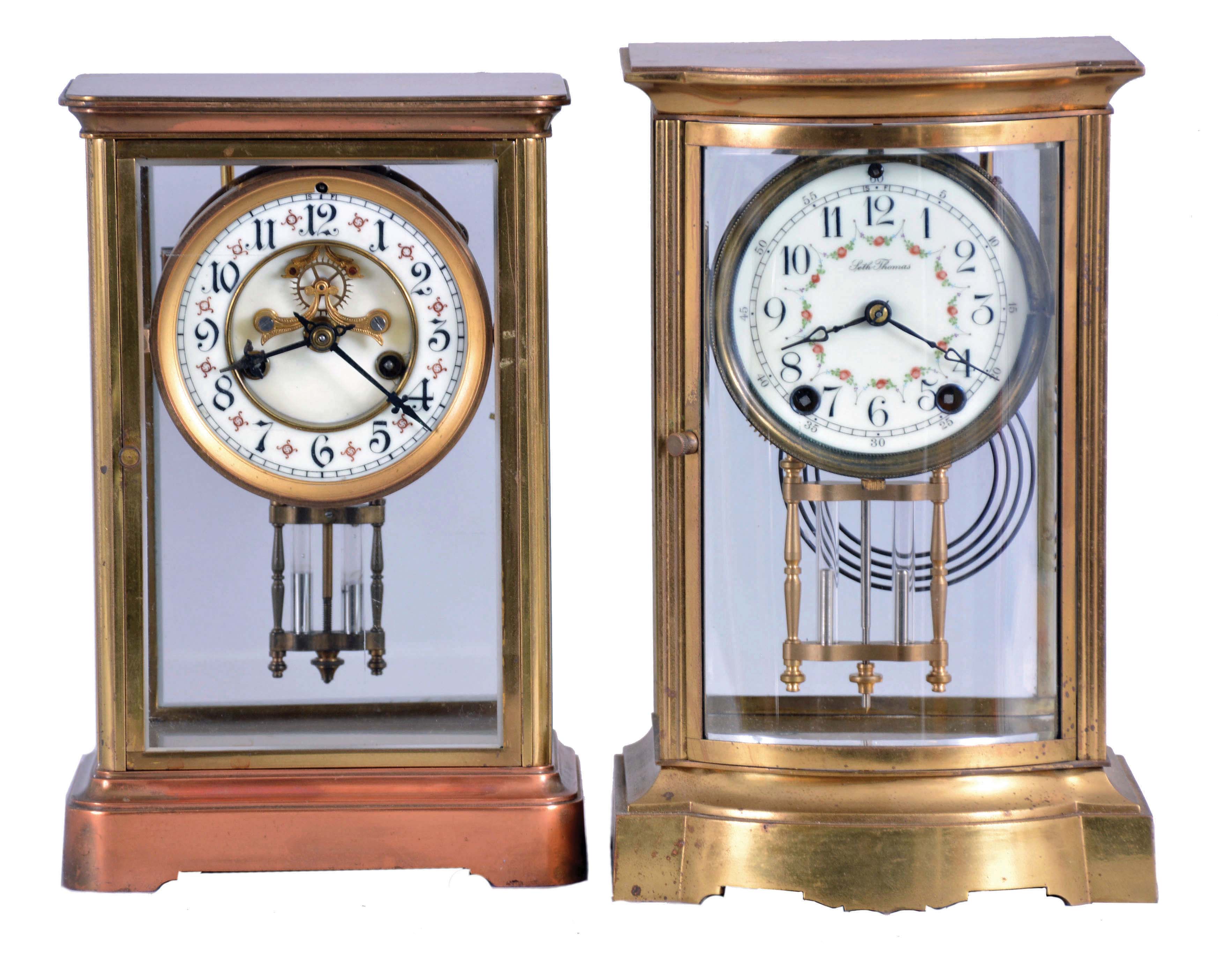 Clocks- 2 (Two): (1) Waterbury Clock Co., Waterbury, Conn., "Toulon", 8 day, time and strike spring driven movement crystal regulator mantel clock, c1907; (2) Seth Thomas Clock Co., Thomaston, Conn., "Empire No. 60", 8 day, time and strike spring driven movement crystal regulator mantel clock, c1907 — Antique Clocks Price Guide