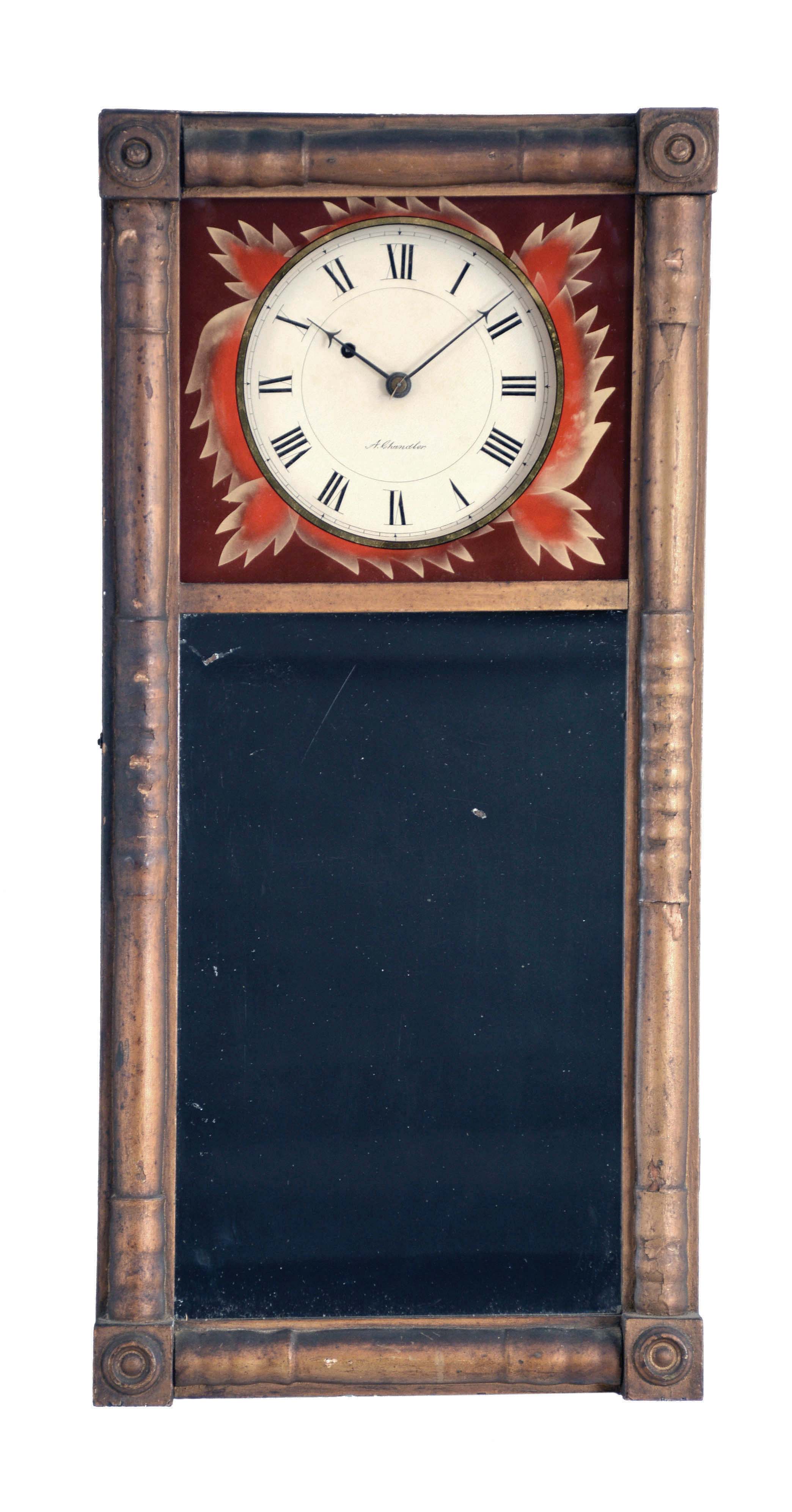 Abiel Chandler, Concord, New Hampshire, 8 day, brass weight driven movement New Hampshire mirror timepiece. — Antique Clocks Price Guide