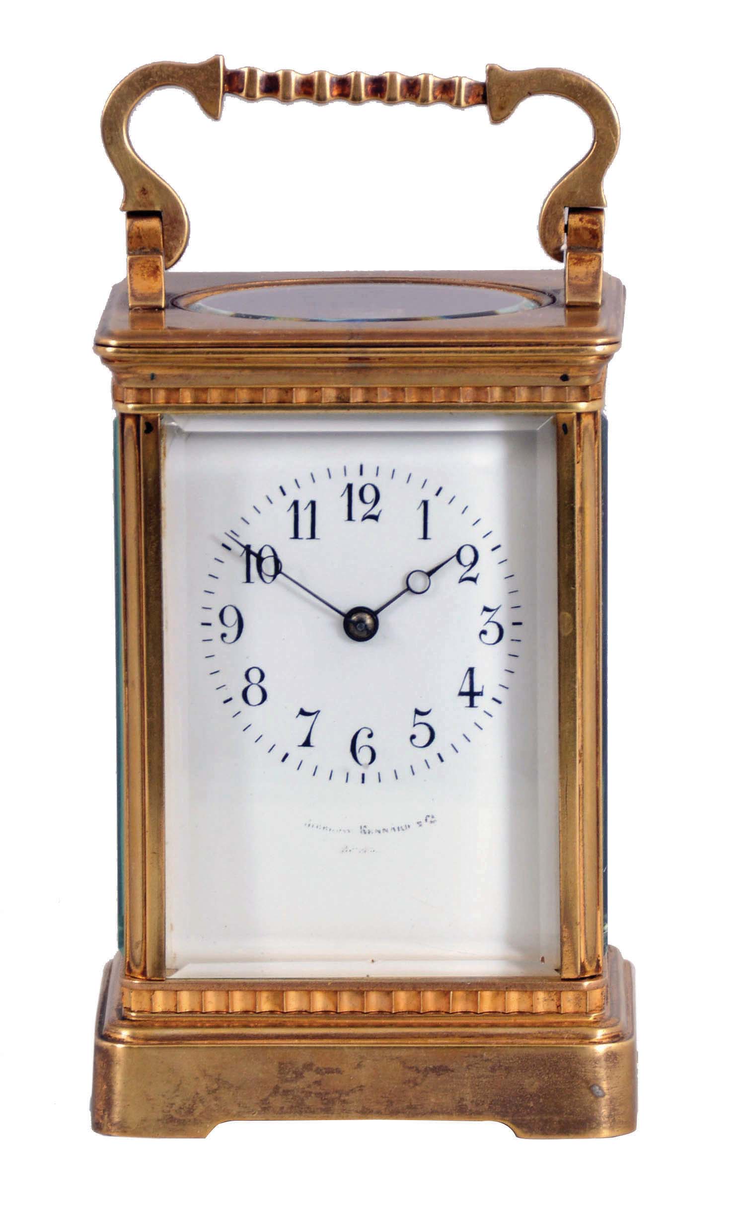 France, for Bigelow, Kennard, &amp; Co., Boston, striking carriage clock, the gilt Corniche variant case with narrow fluted band above base and below cornice, Arabic numeral white enamel dial, blued steel Breguet style hands, 8 day striking movement with lever platform, sounding the hour and half hour in passing — Antique Clocks Price Guide