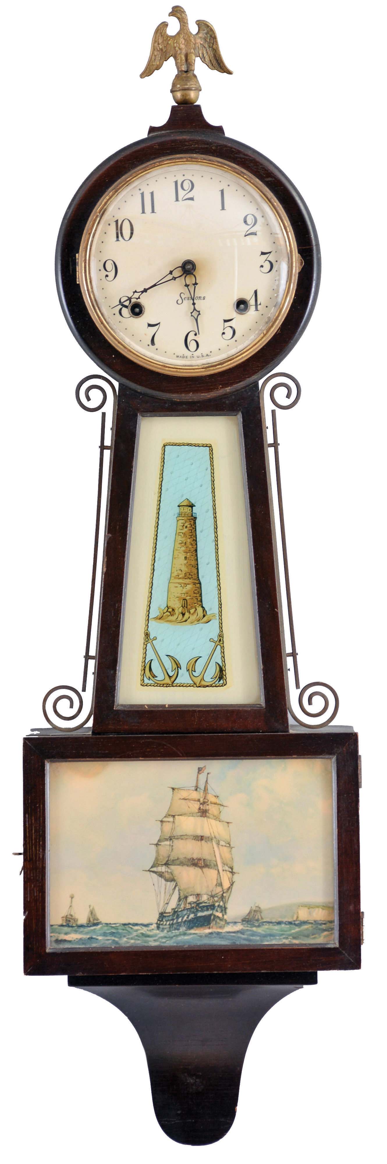 Clocks- 2 (Two): (1) William L. Gilbert Clock Co., Winsted, Conn., "Observatory" hanging clock with a spring driven, 8 day timepiece movement with a simple calendar mechanism in an oak Case, c1913; (2) Sessions Clock Co., Forestville, Conn., unidentified banjo clock with a spring driven, 8 day, time and strike movement in a mahogany finish case. c 1925. — Antique Clocks Price Guide